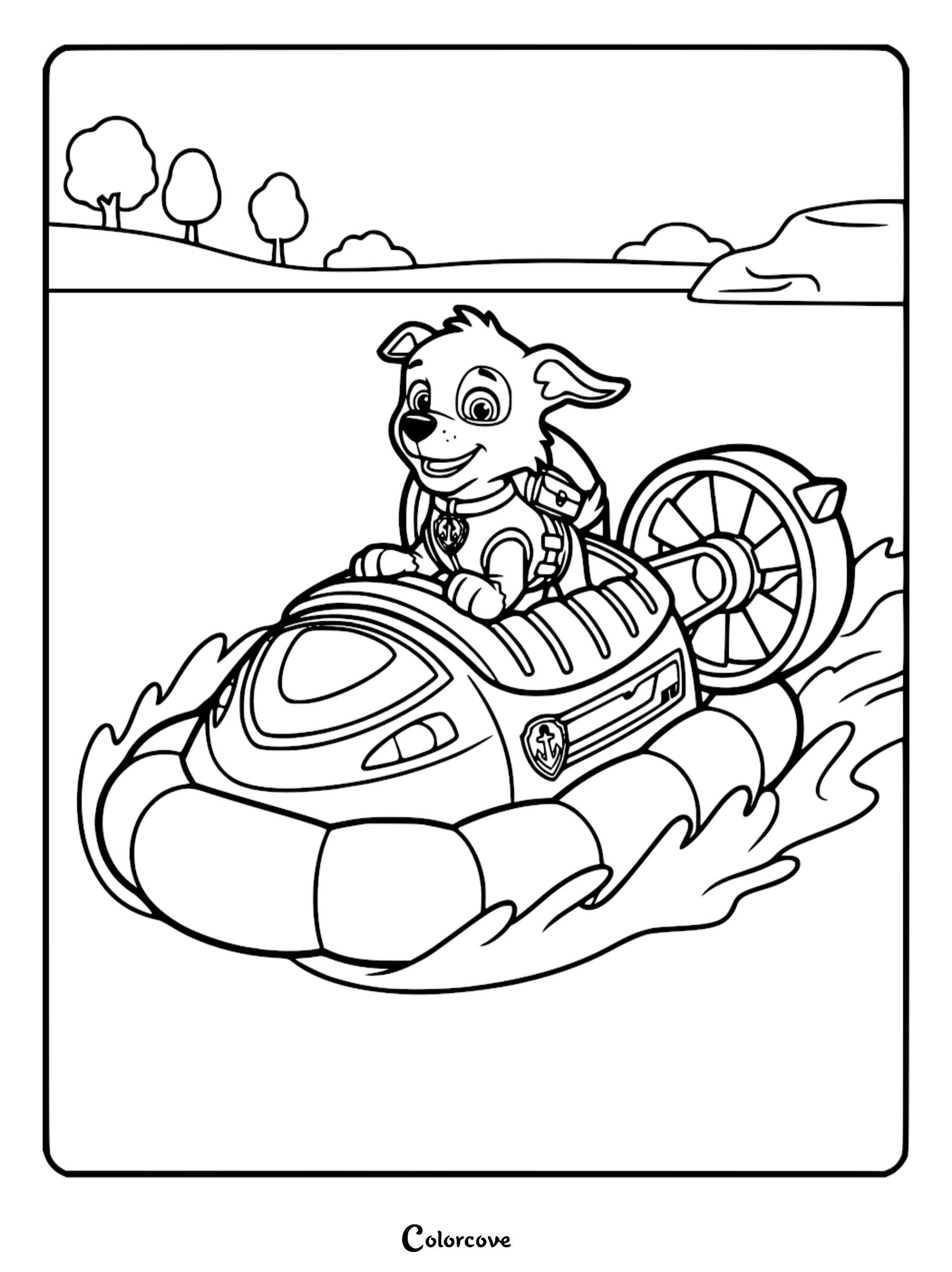 Zuma from Paw Patrol driving his hovercraft on the water with a large rear fan in this printable coloring page.