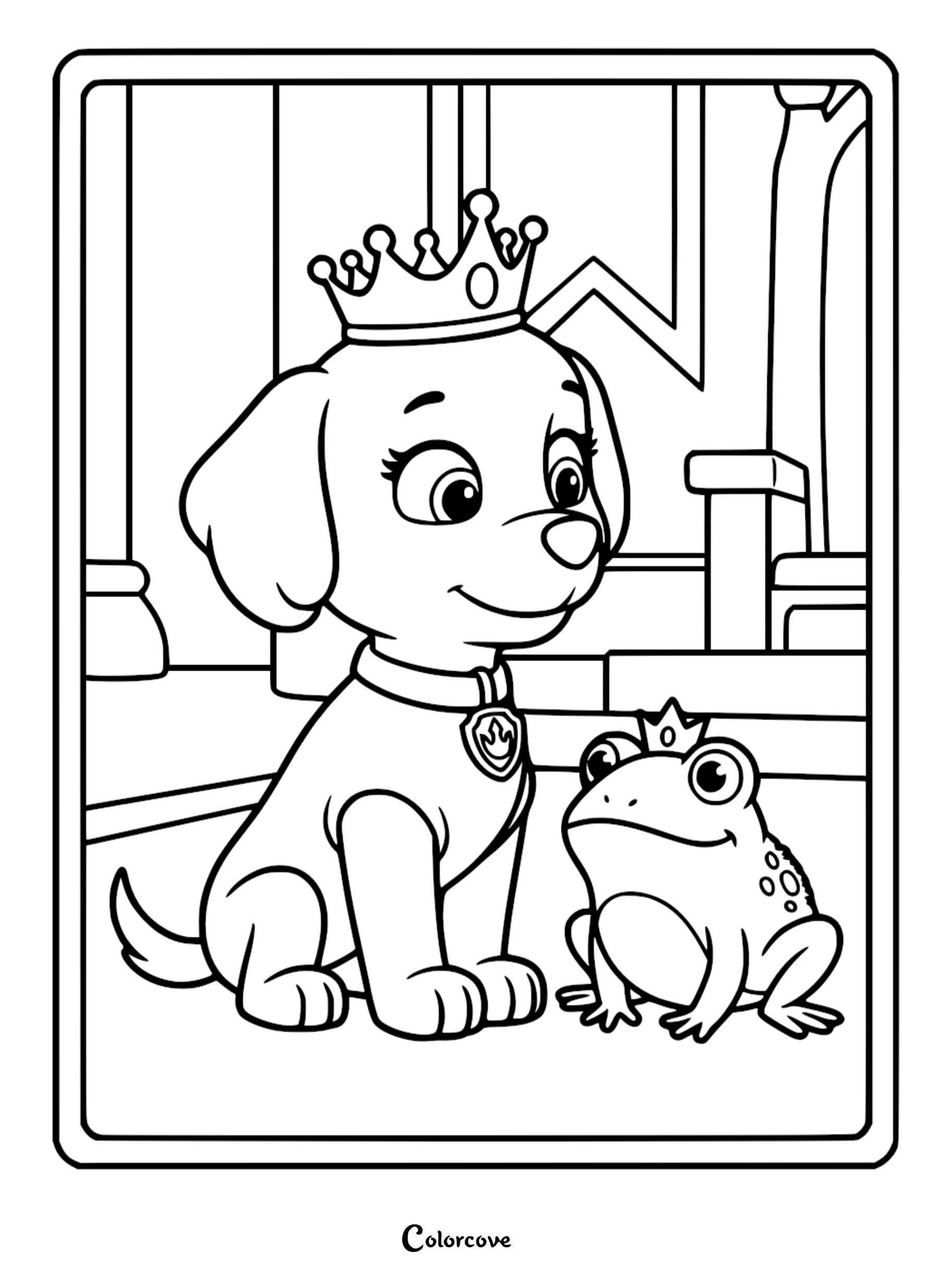 Line art coloring page of Skye from Paw Patrol wearing a royal crown and sitting next to a small frog with a tiny crown in a castle throne room.
