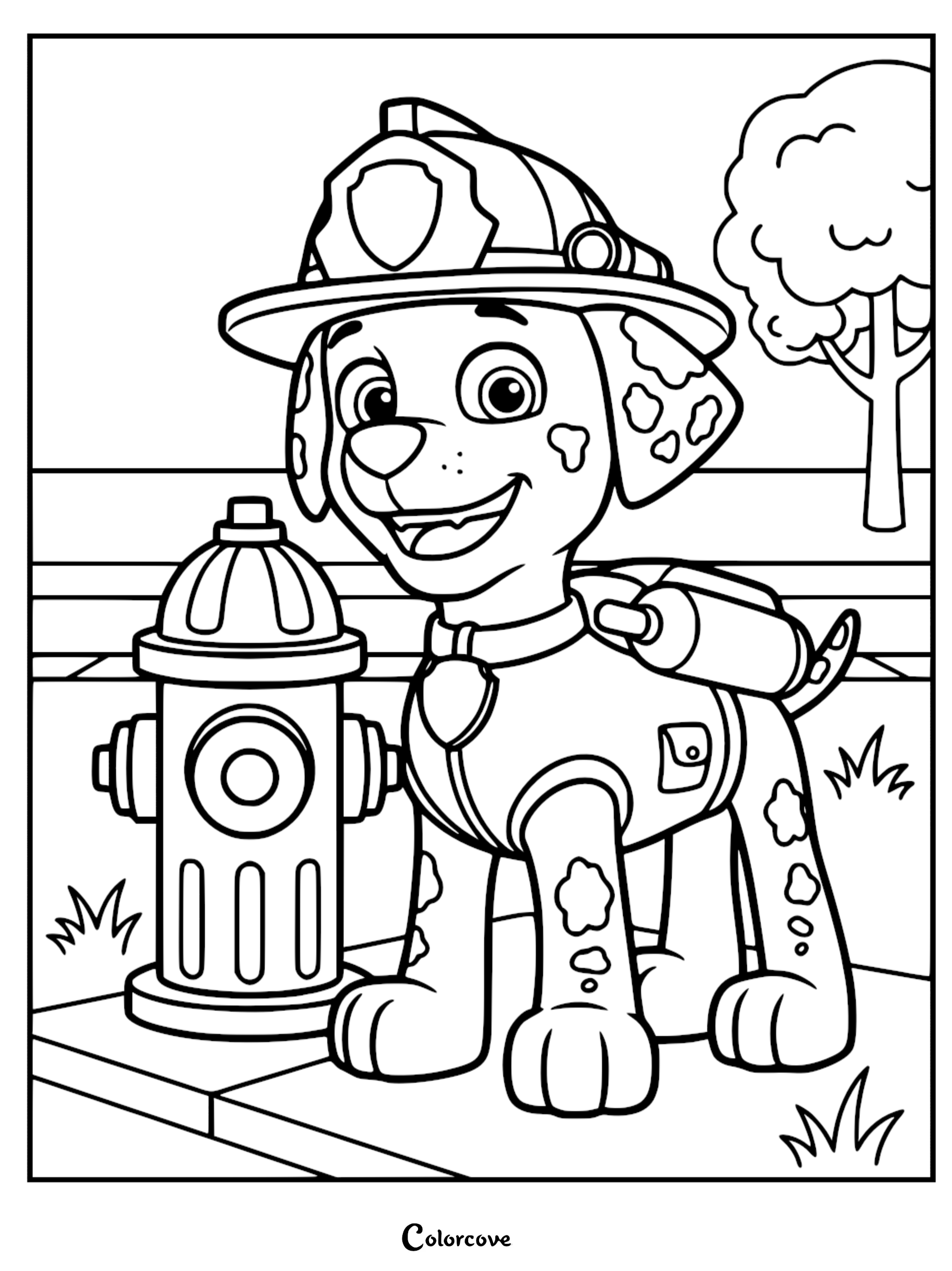 Marshall the Dalmatian from Paw Patrol wearing a firefighter helmet and pup pack next to a fire hydrant coloring page with a tree background.