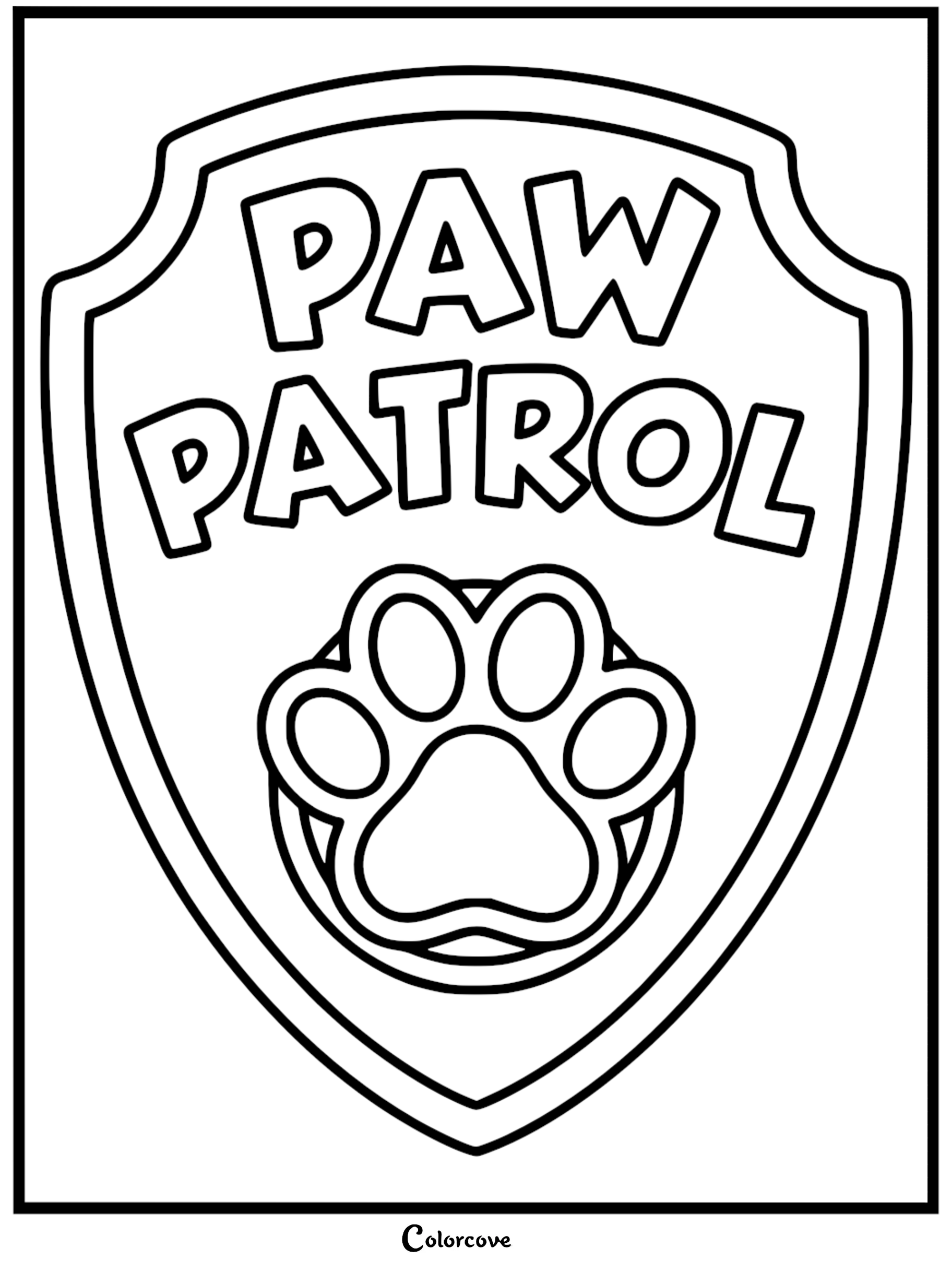 Paw Patrol logo coloring page featuring a thick-bordered shield emblem with bold block lettering and a large paw print icon inside a circle.