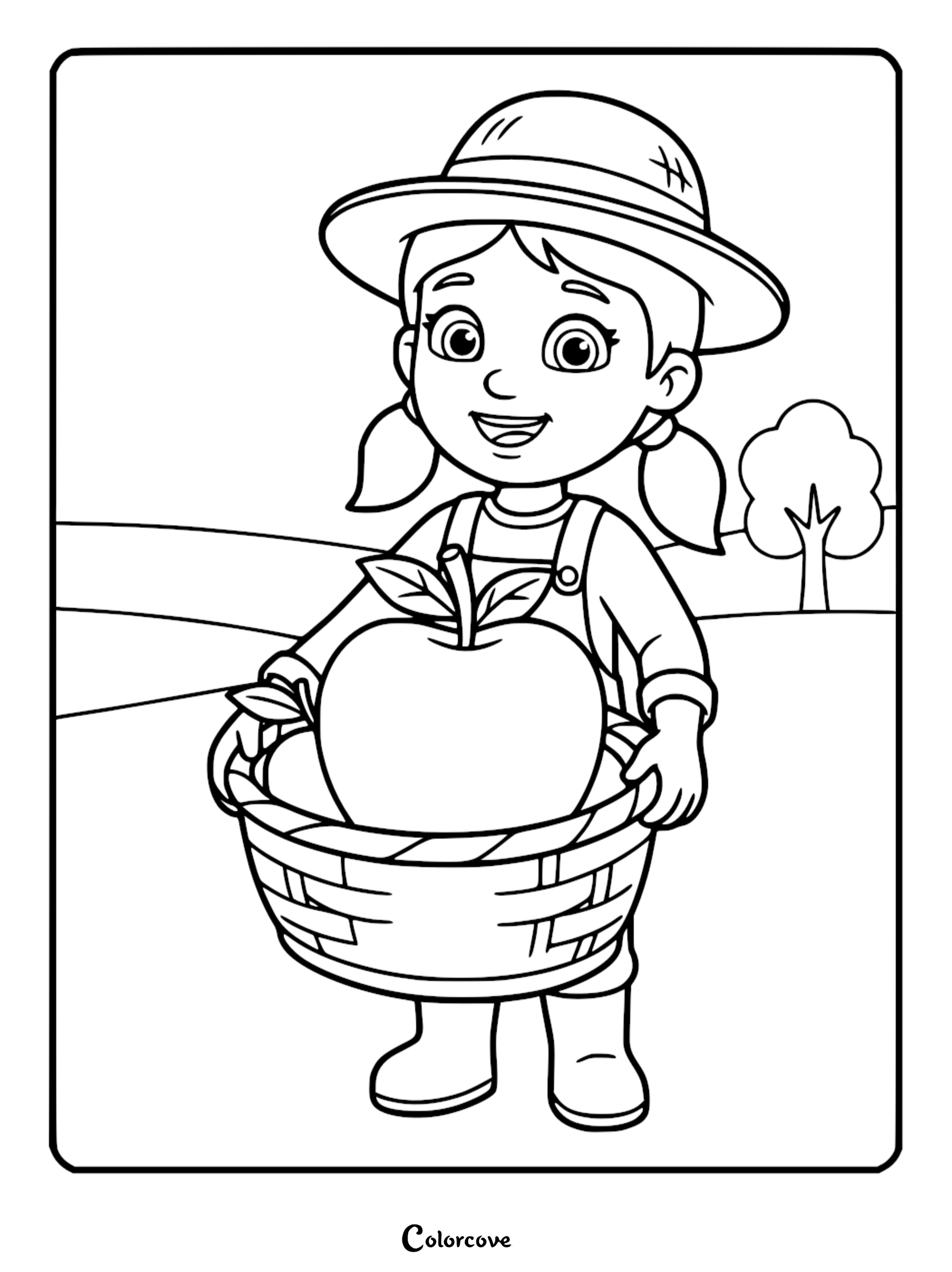 Black and white coloring page of Farmer Yumi from Paw Patrol wearing a wide-brimmed hat and pigtails, carrying a woven basket with a massive apple in a field.