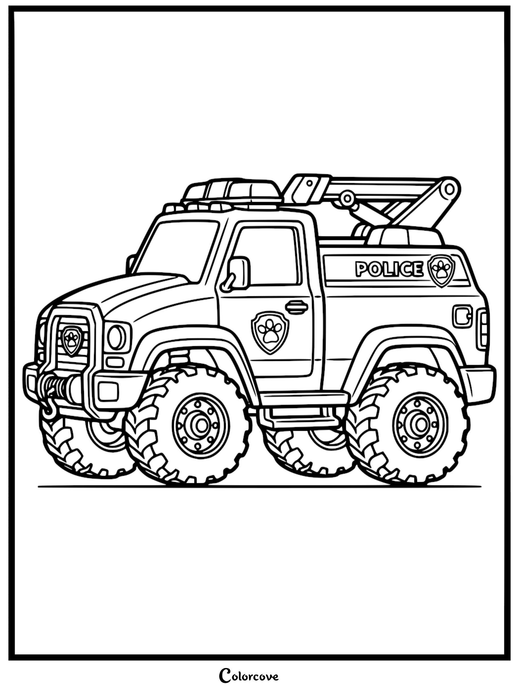 A detailed line art coloring page of Chase's Paw Patrol police cruiser featuring large off-road tires, a front winch, and a rear crane arm.
