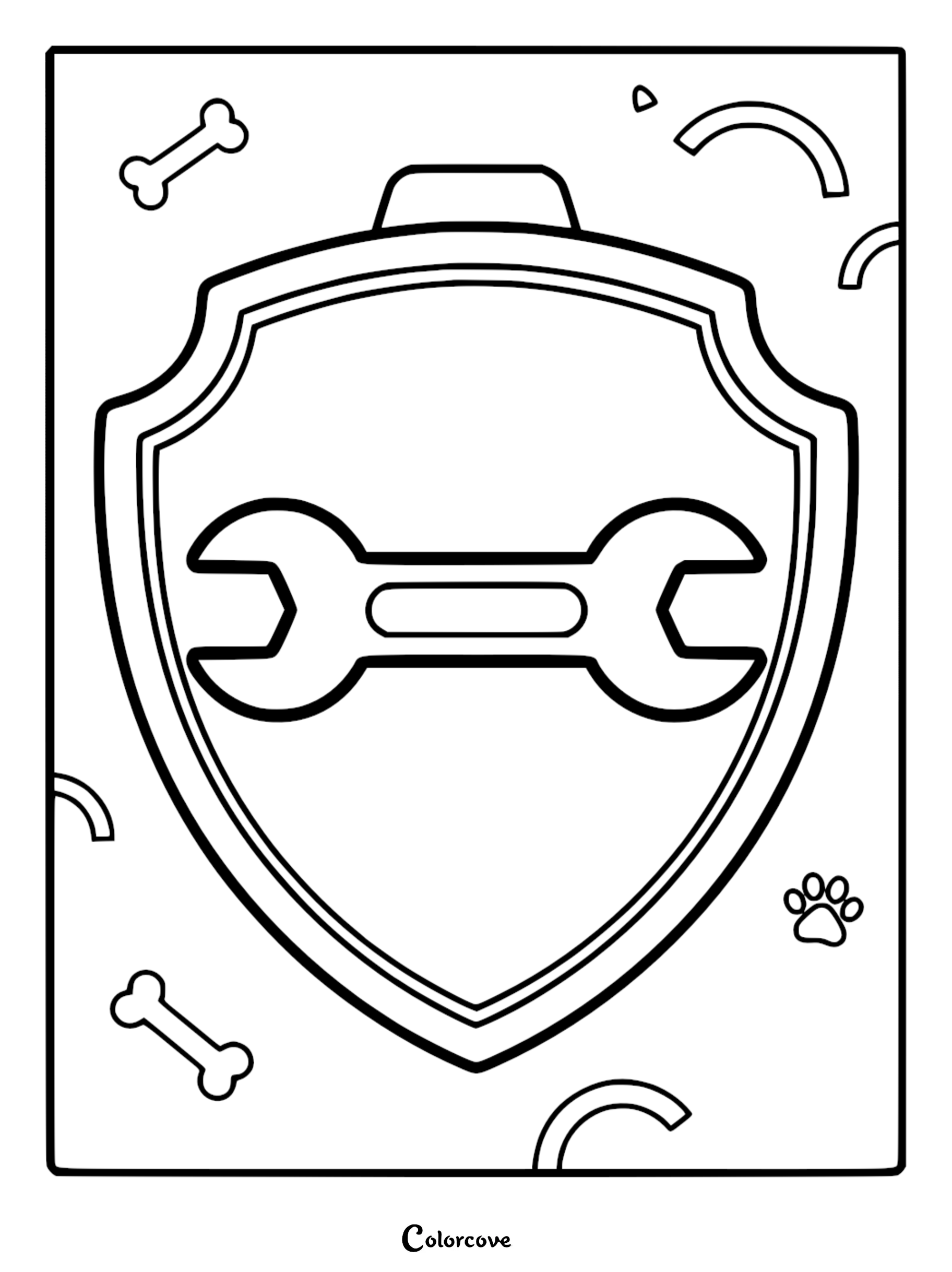 A black and white coloring page of Rubble's Paw Patrol badge featuring a wrench inside a shield with bones and paw prints.