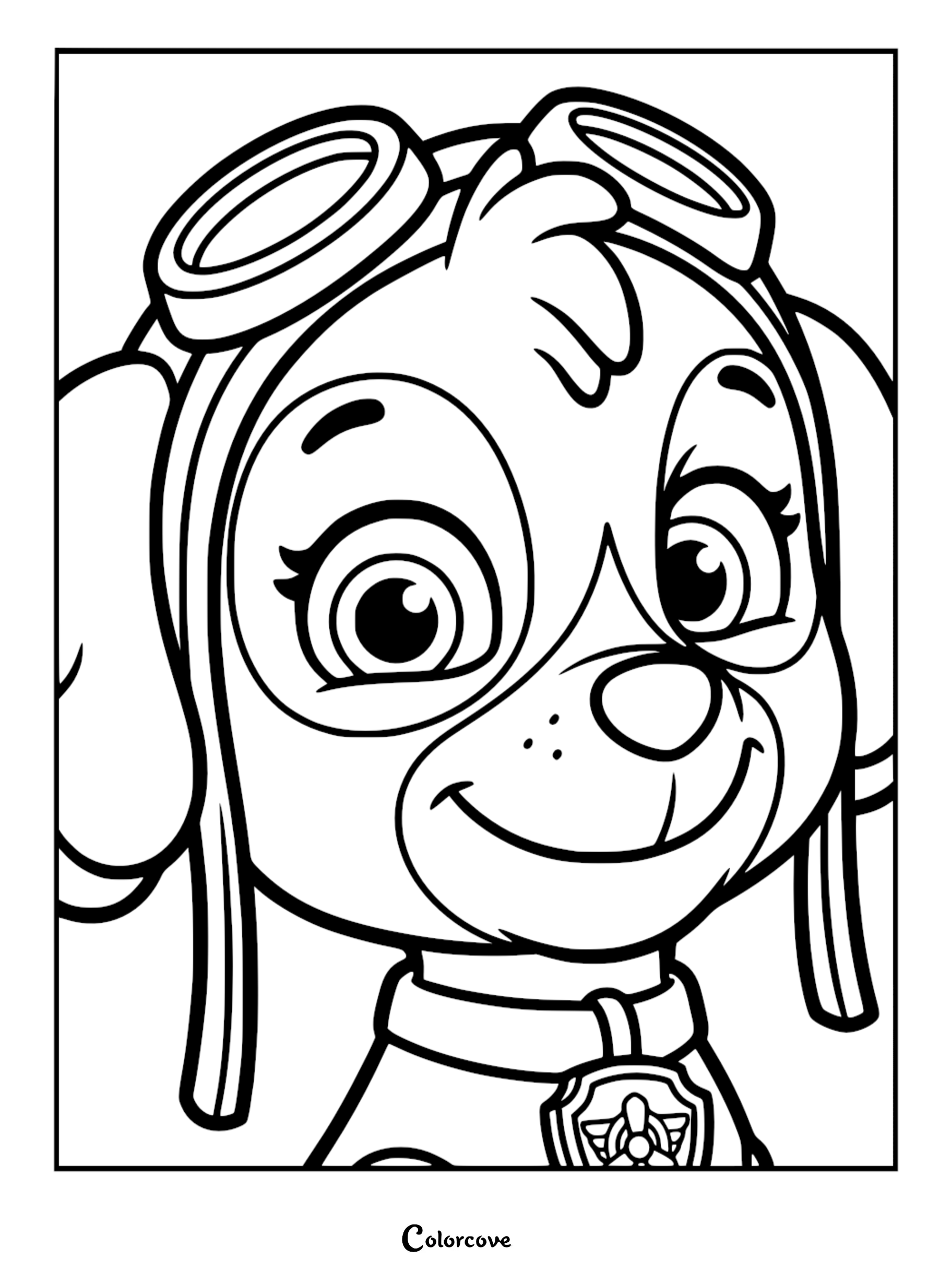 Close-up line art coloring page of Skye from Paw Patrol wearing her signature aviator goggles and pilot helmet with a propeller pup tag.