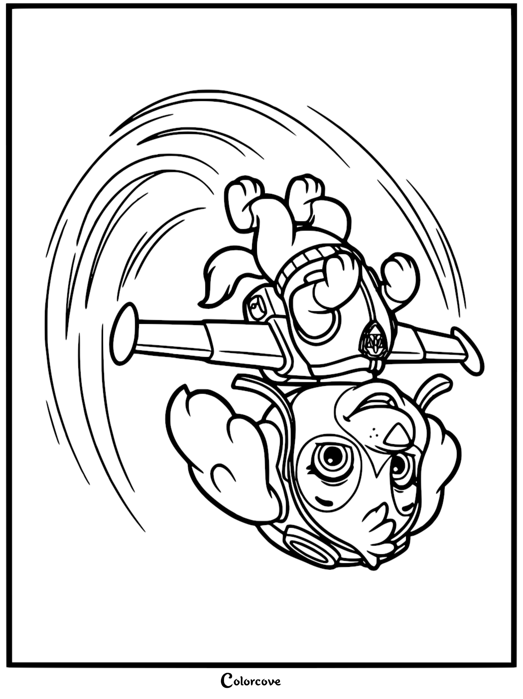 A detailed Paw Patrol coloring page featuring Skye performing a loop-de-loop mid-air with her flight pack wings extended and motion lines.