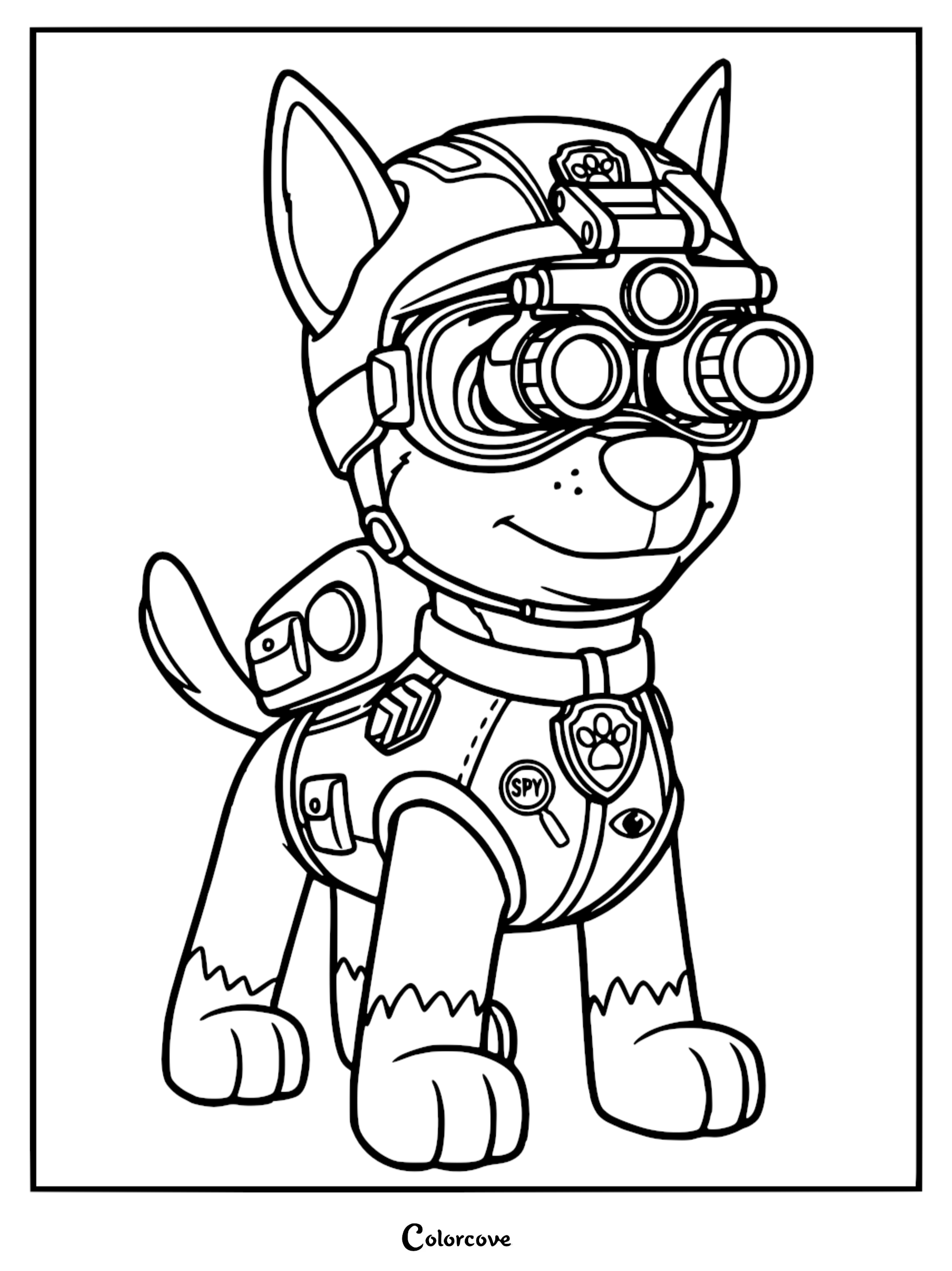 Line art coloring page of Chase the German Shepherd wearing a spy helmet with triple-lens goggles and a tactical vest.