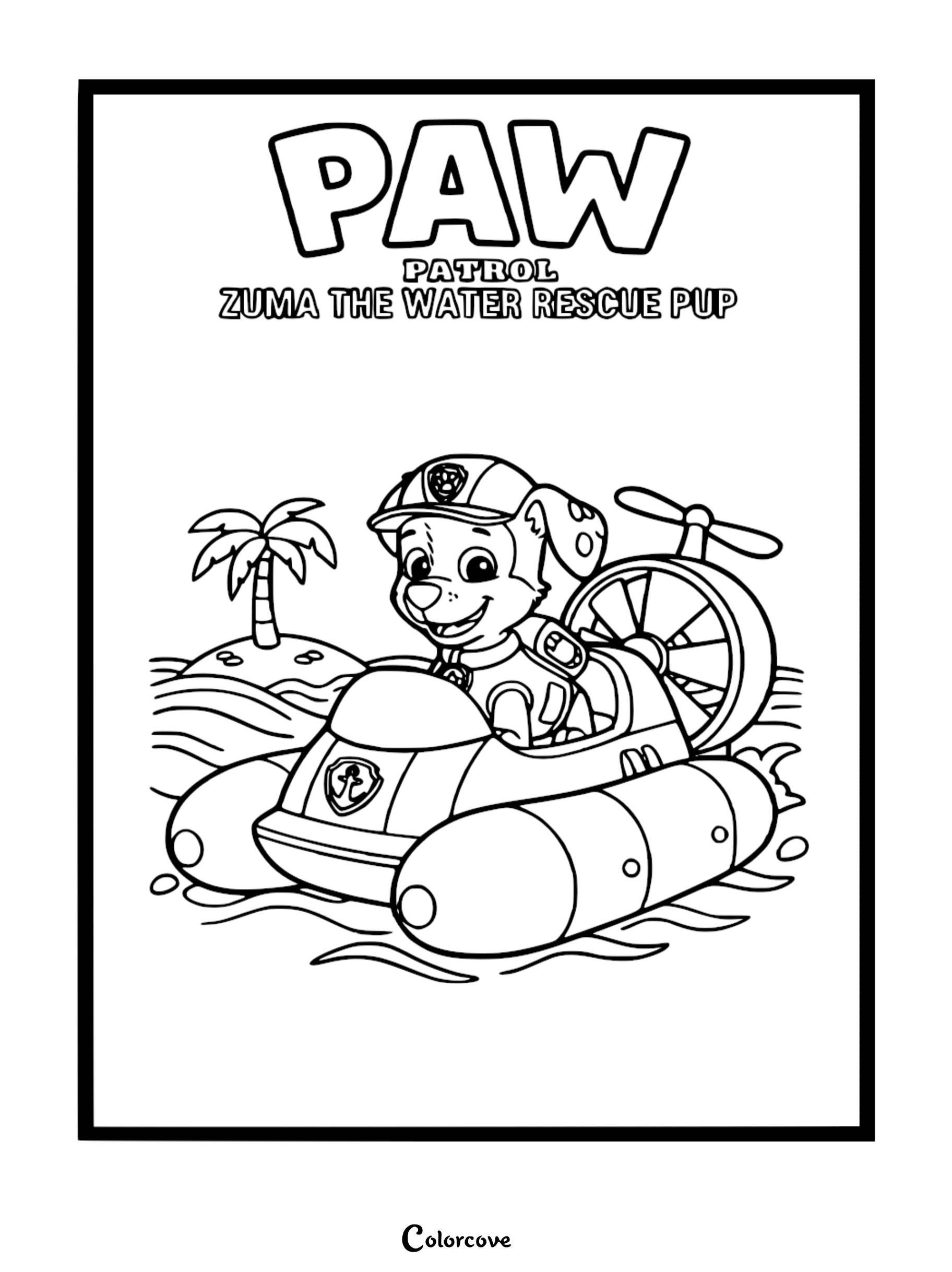 Zuma from Paw Patrol driving his rescue hovercraft on ocean waves near a tropical island, printable coloring page line art.