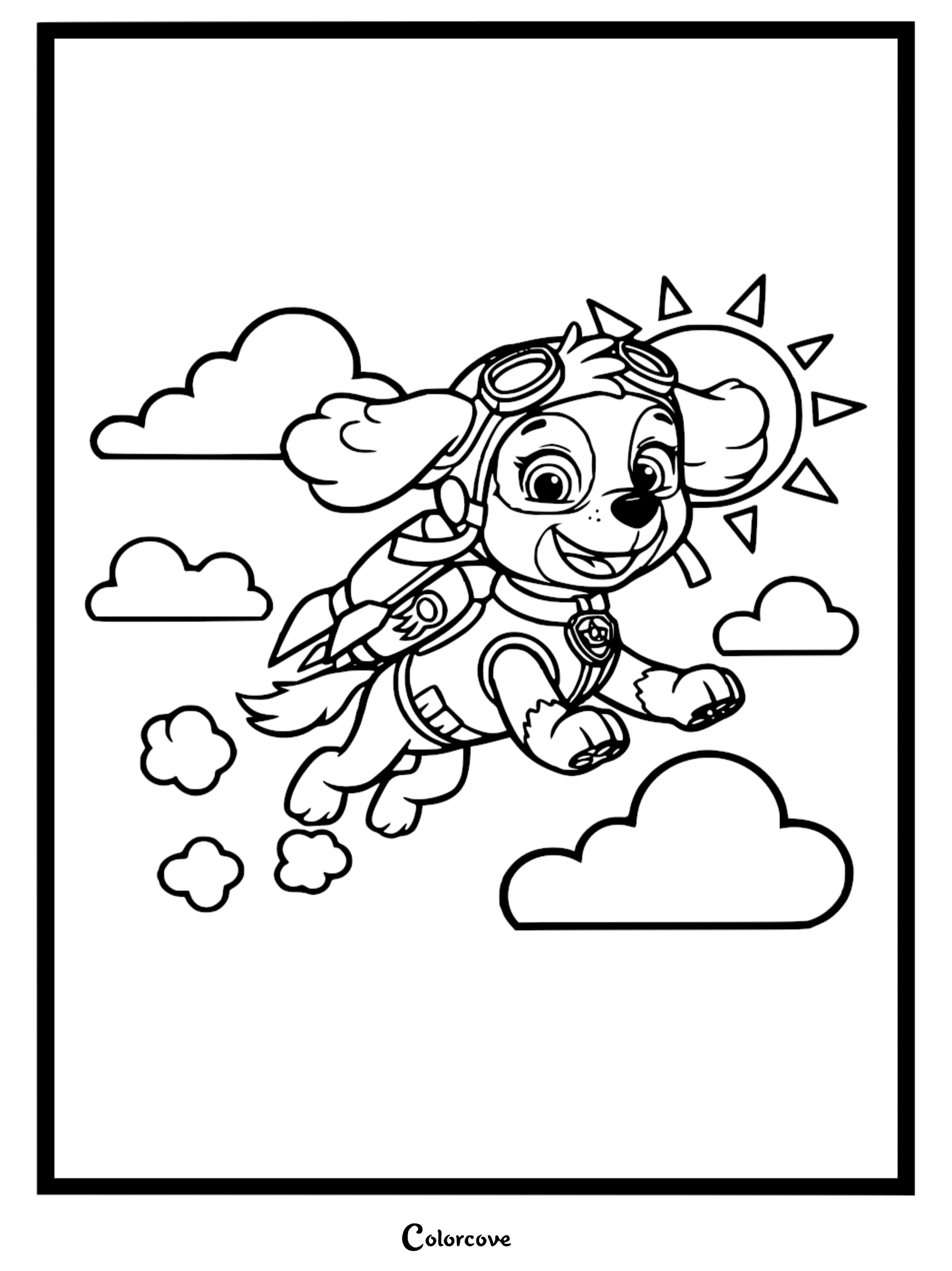 A detailed line art coloring page of Skye from Paw Patrol flying through the sky with her jetpack, surrounded by fluffy clouds and a bright sun.