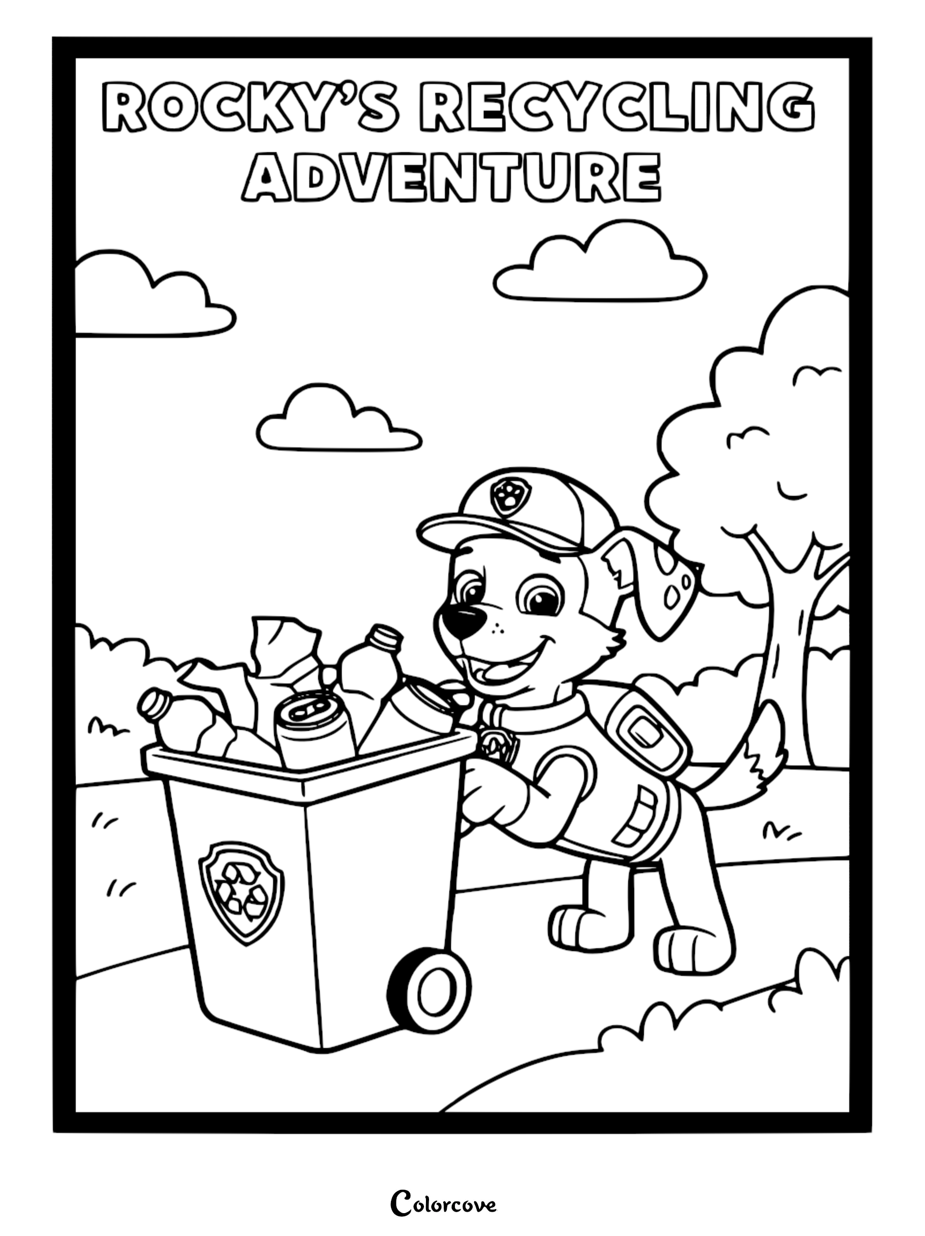 A detailed Paw Patrol Rocky coloring page featuring the recycling pup pushing a bin overflowing with bottles and cans in a park.