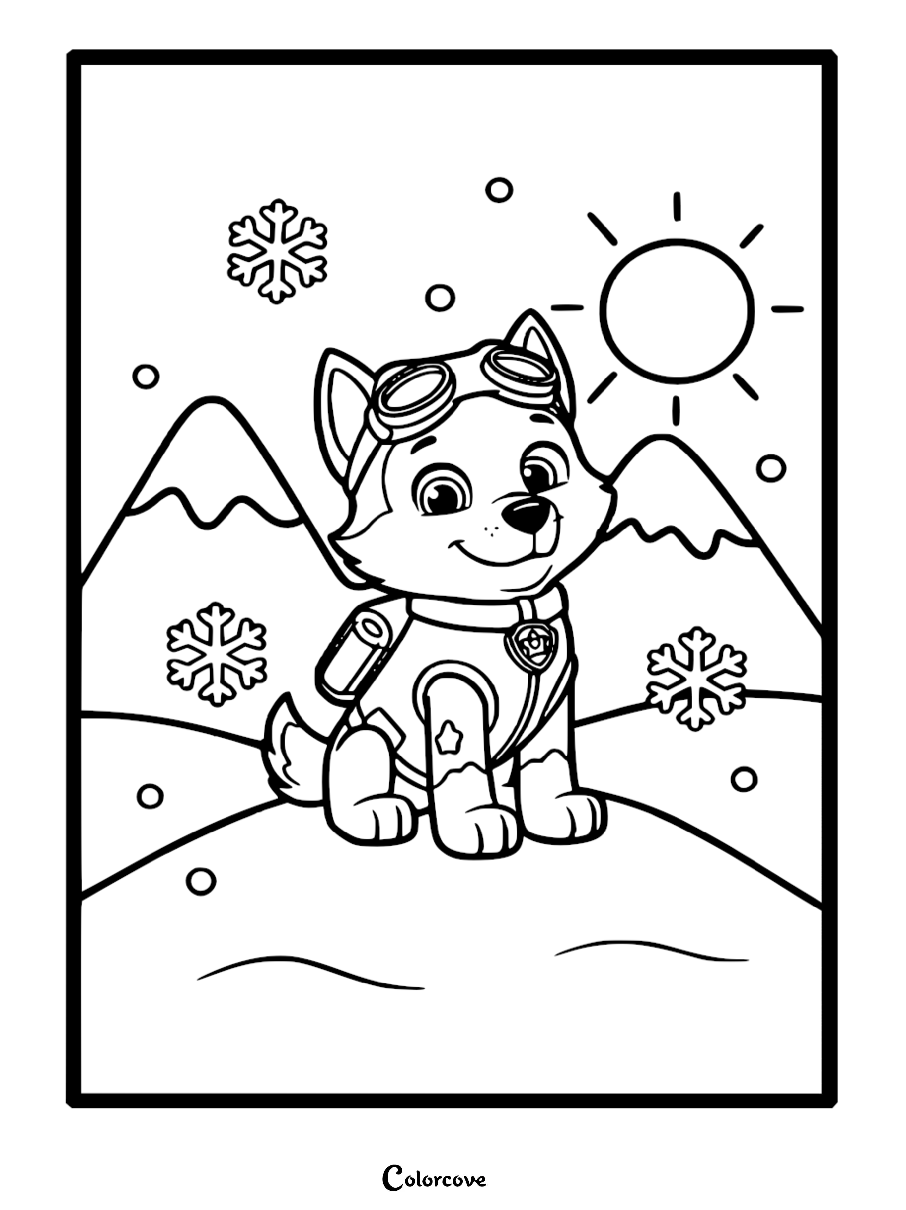Everest from Paw Patrol wearing her signature goggles and rescue vest, sitting in a winter landscape with snow-capped mountains, large snowflakes, and a sun, line art coloring page.