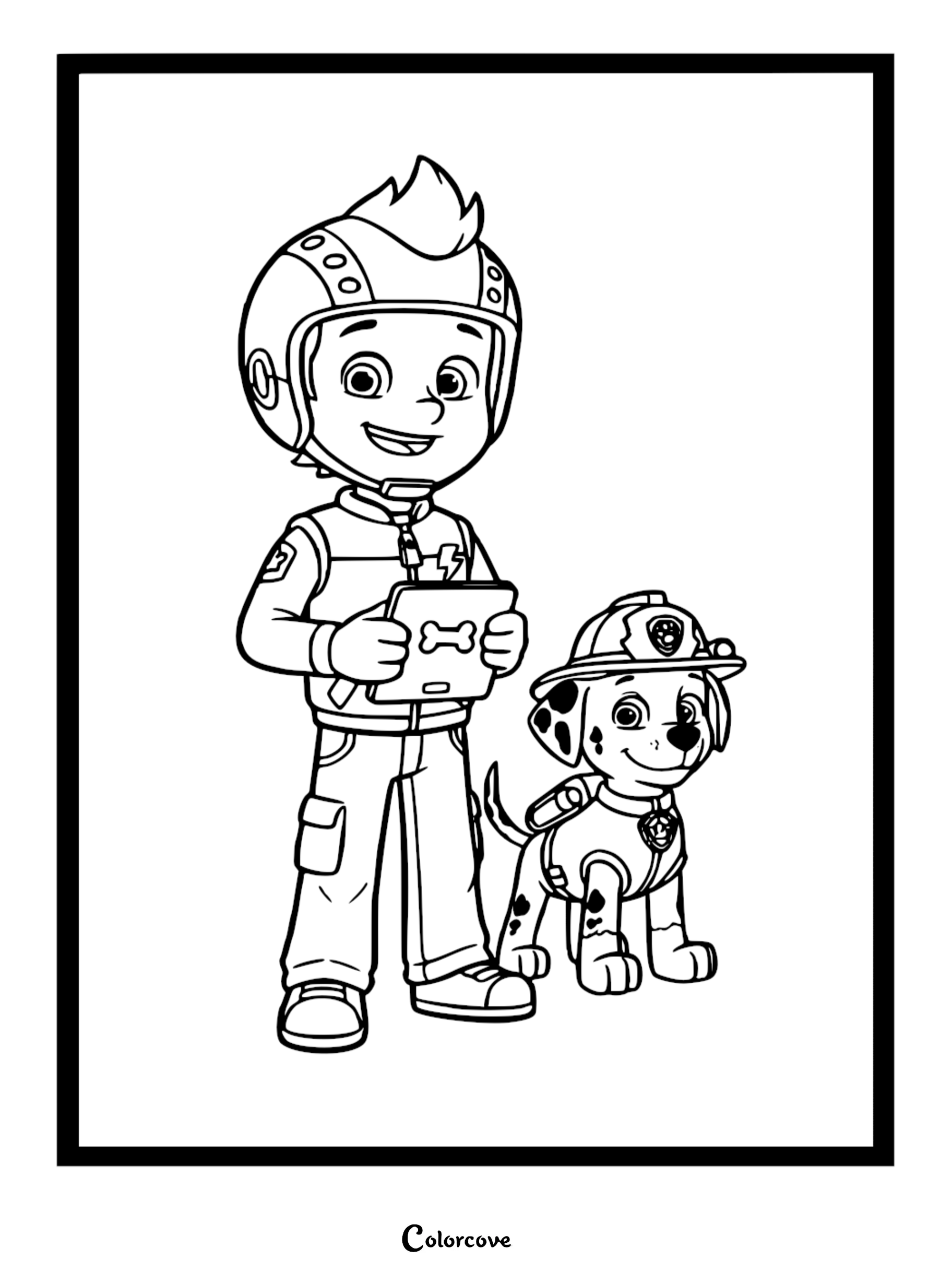 Black and white coloring page featuring Ryder in his helmet holding a Pup Pad tablet next to Marshall the dalmatian in his firefighter gear.
