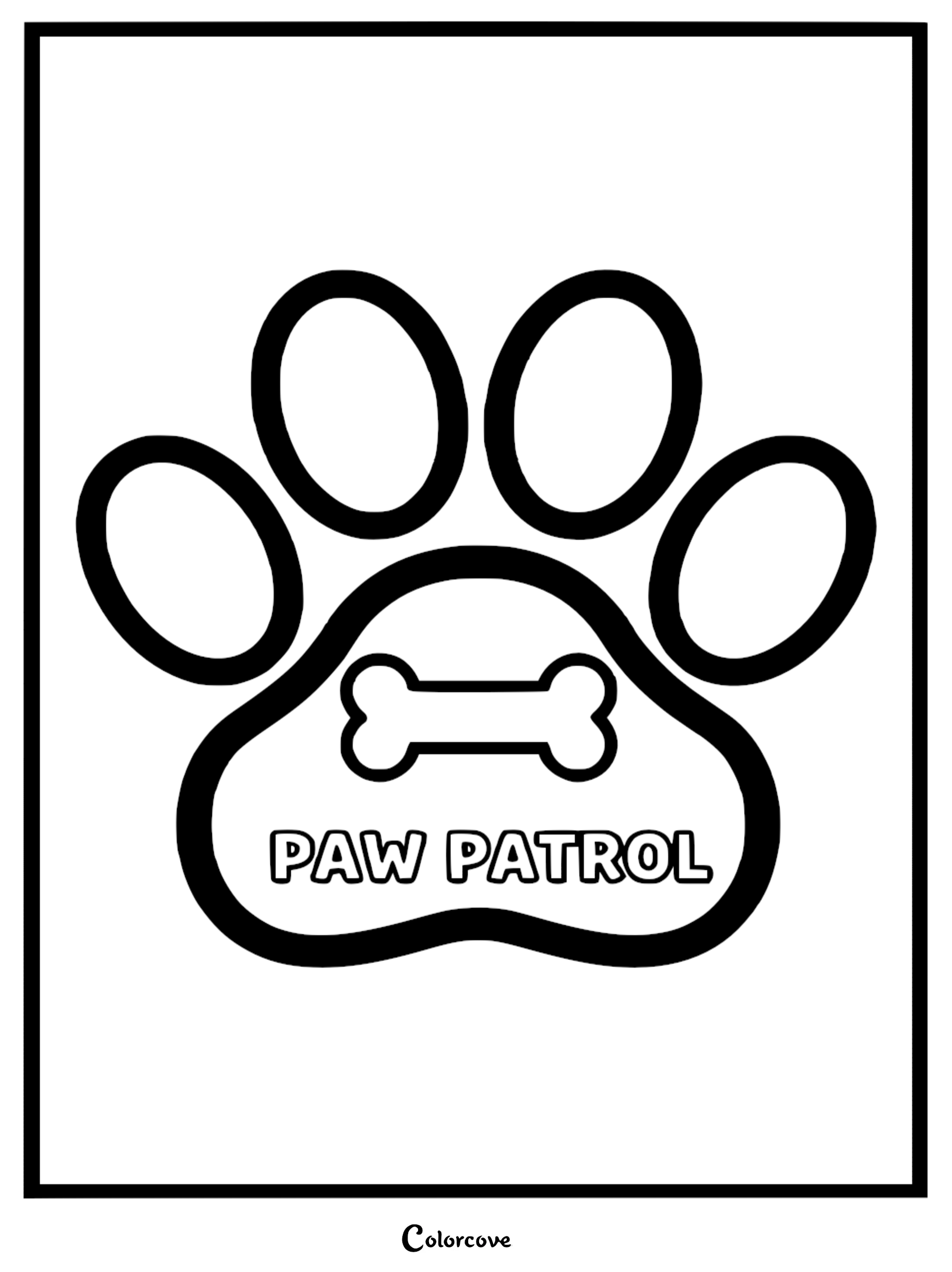 A large black and white paw print coloring page featuring four oval toe pads and a main pad containing a bone icon and the text PAW PATROL.