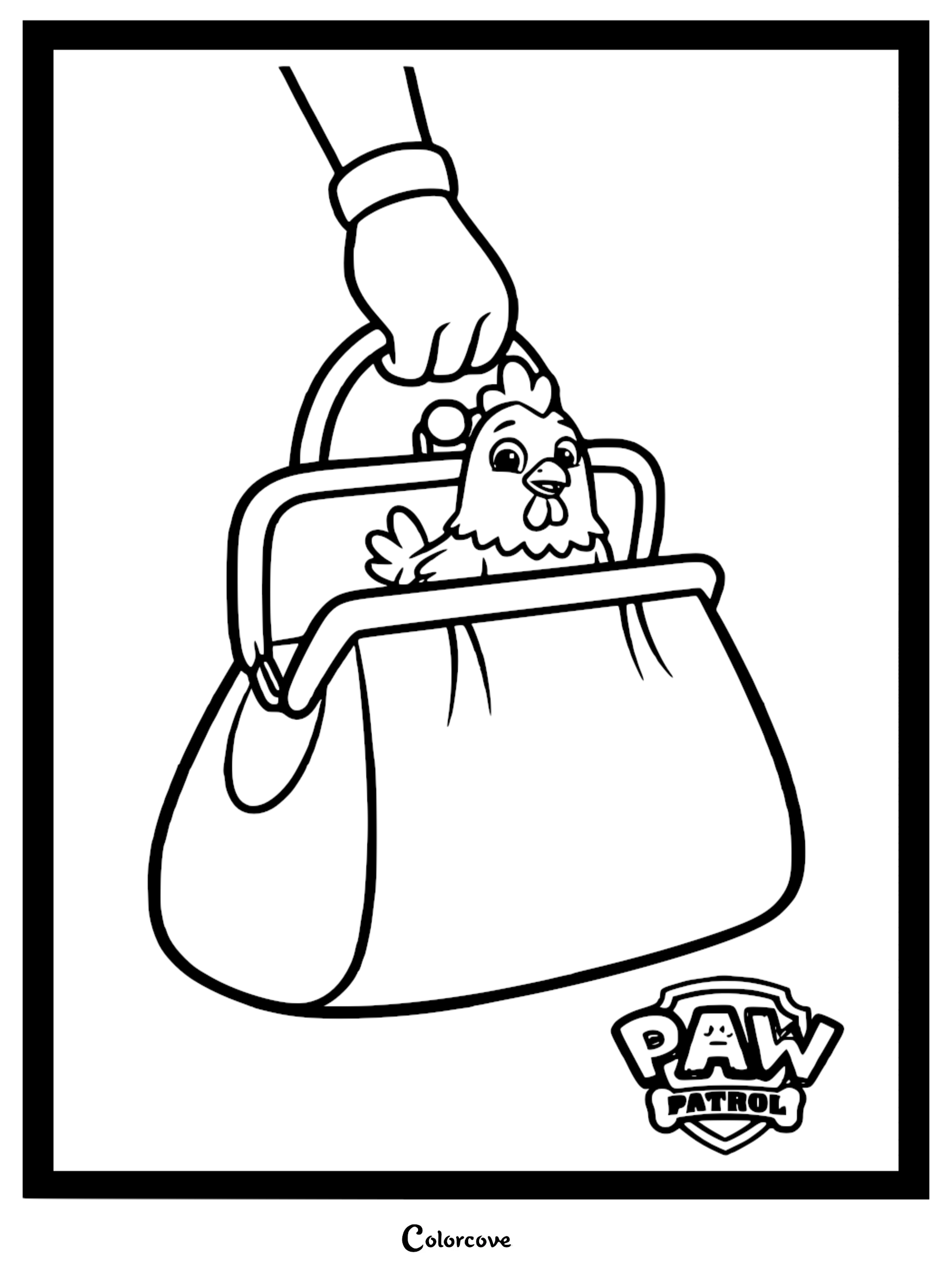 A black and white coloring page featuring Chickaletta the chicken peeking out of Mayor Goodway's open handbag, held by a gloved hand.