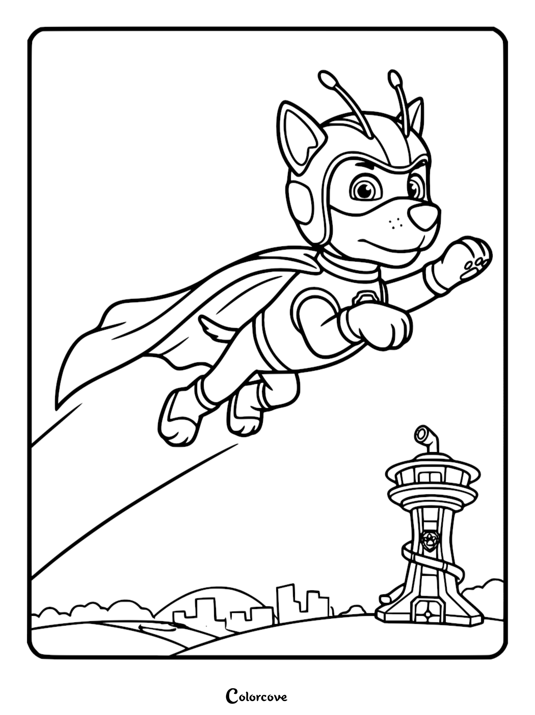 A detailed Paw Patrol coloring page featuring Mighty Chase flying through the air wearing a superhero mask and cape above the Lookout tower and city skyline.