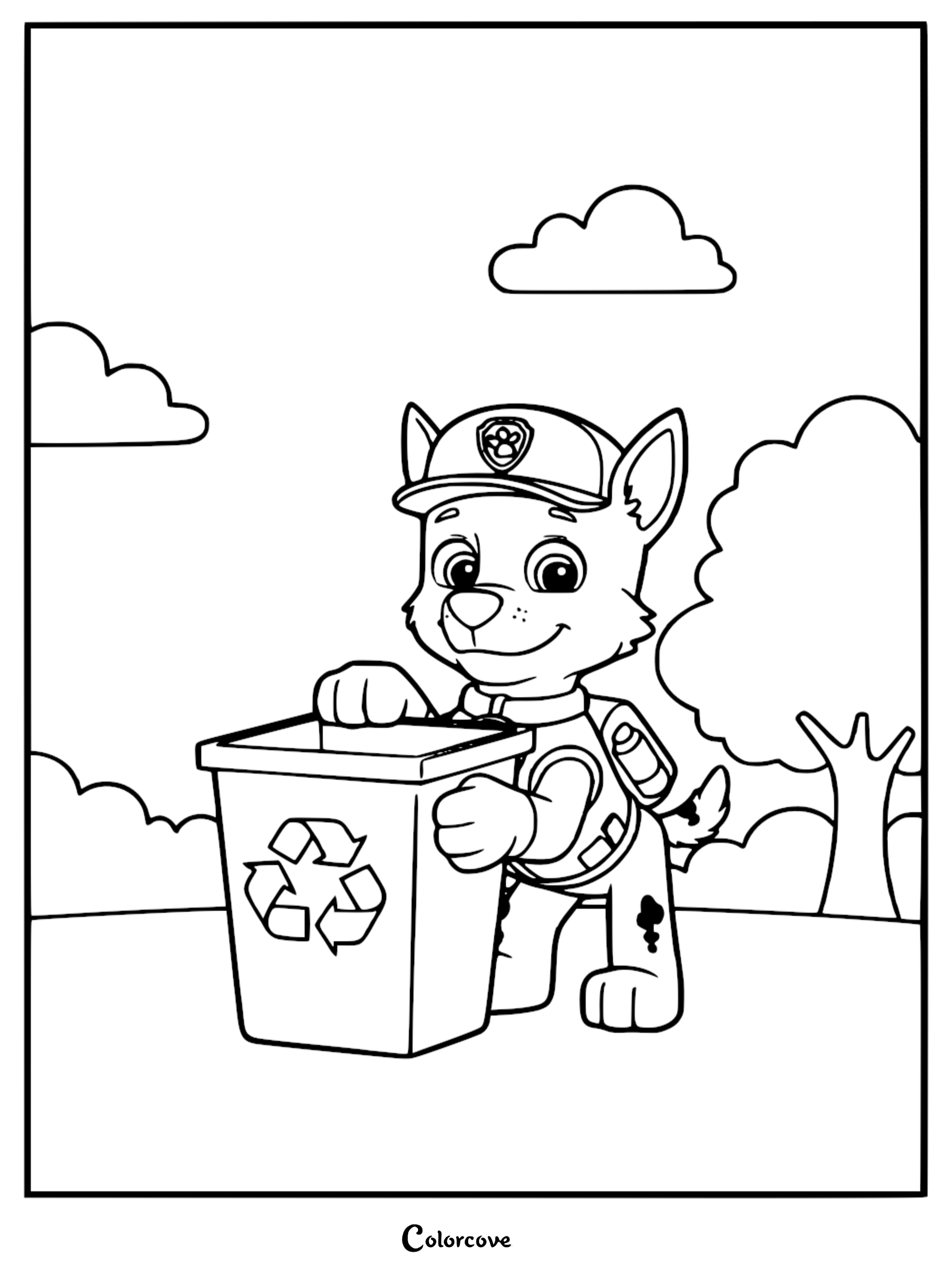 Detailed line art coloring page of Rocky from Paw Patrol wearing his uniform and hat, standing next to a recycling bin with a tree and clouds in the background.