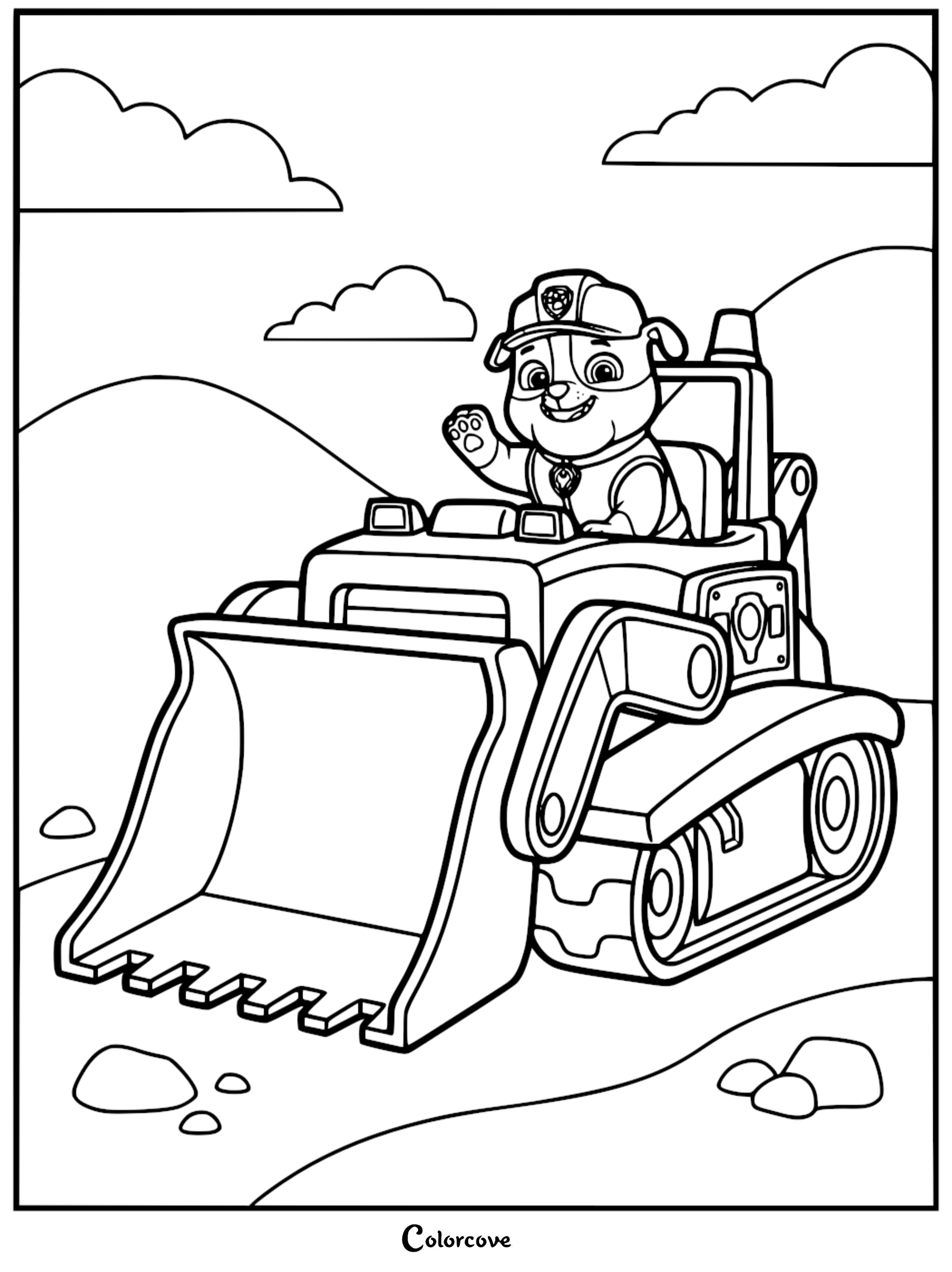 Paw Patrol Rubble coloring page featuring the bulldog puppy waving from his construction bulldozer with a large front scoop and tracks in a hilly landscape.
