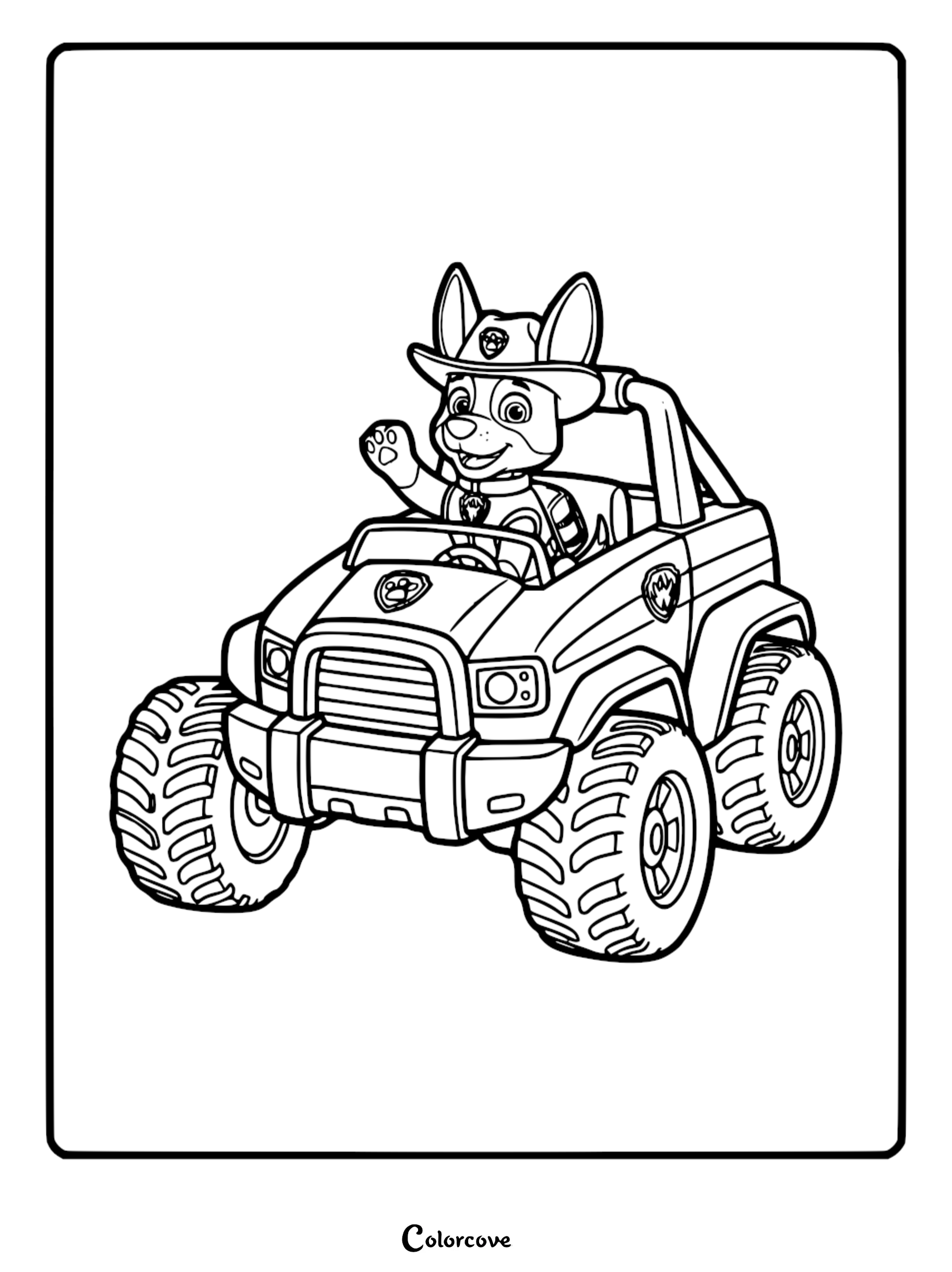 Line art coloring page of Tracker from Paw Patrol waving from his off-road Jungle Cruiser with large treaded tires.