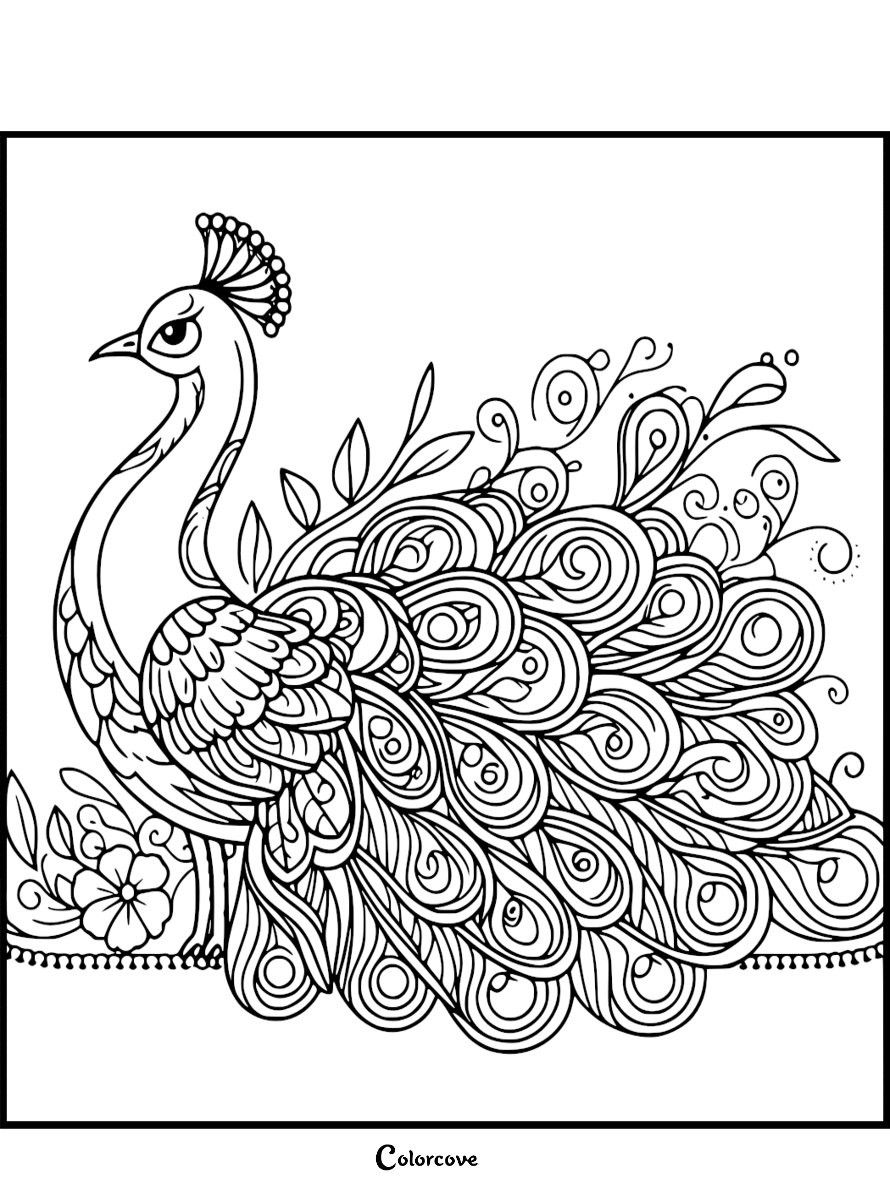 A printable peacock coloring page featuring a bird with an intricate crest and a tail adorned with swirling, circular feather patterns and leaves.