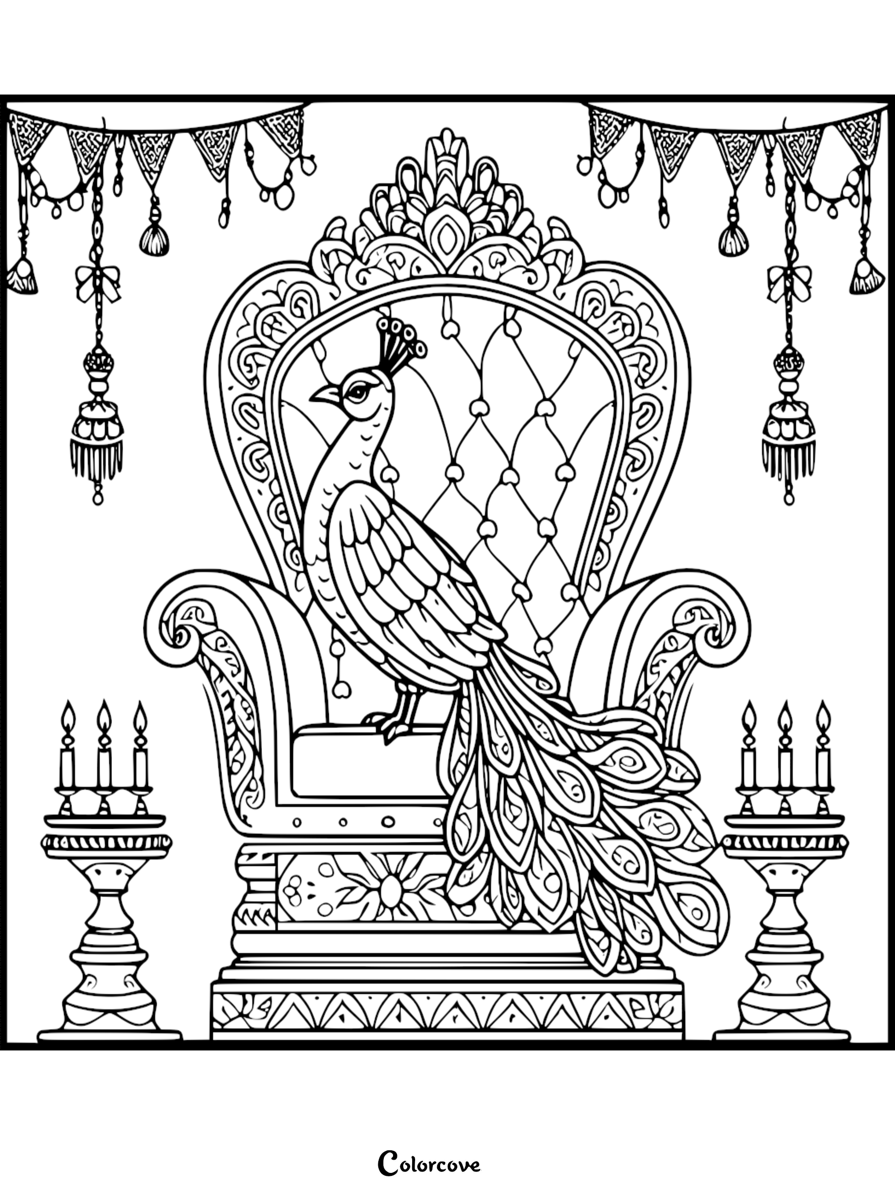A printable peacock coloring page featuring a regal bird perched on an intricate, tufted high-back throne flanked by candelabras and hanging tapestries.