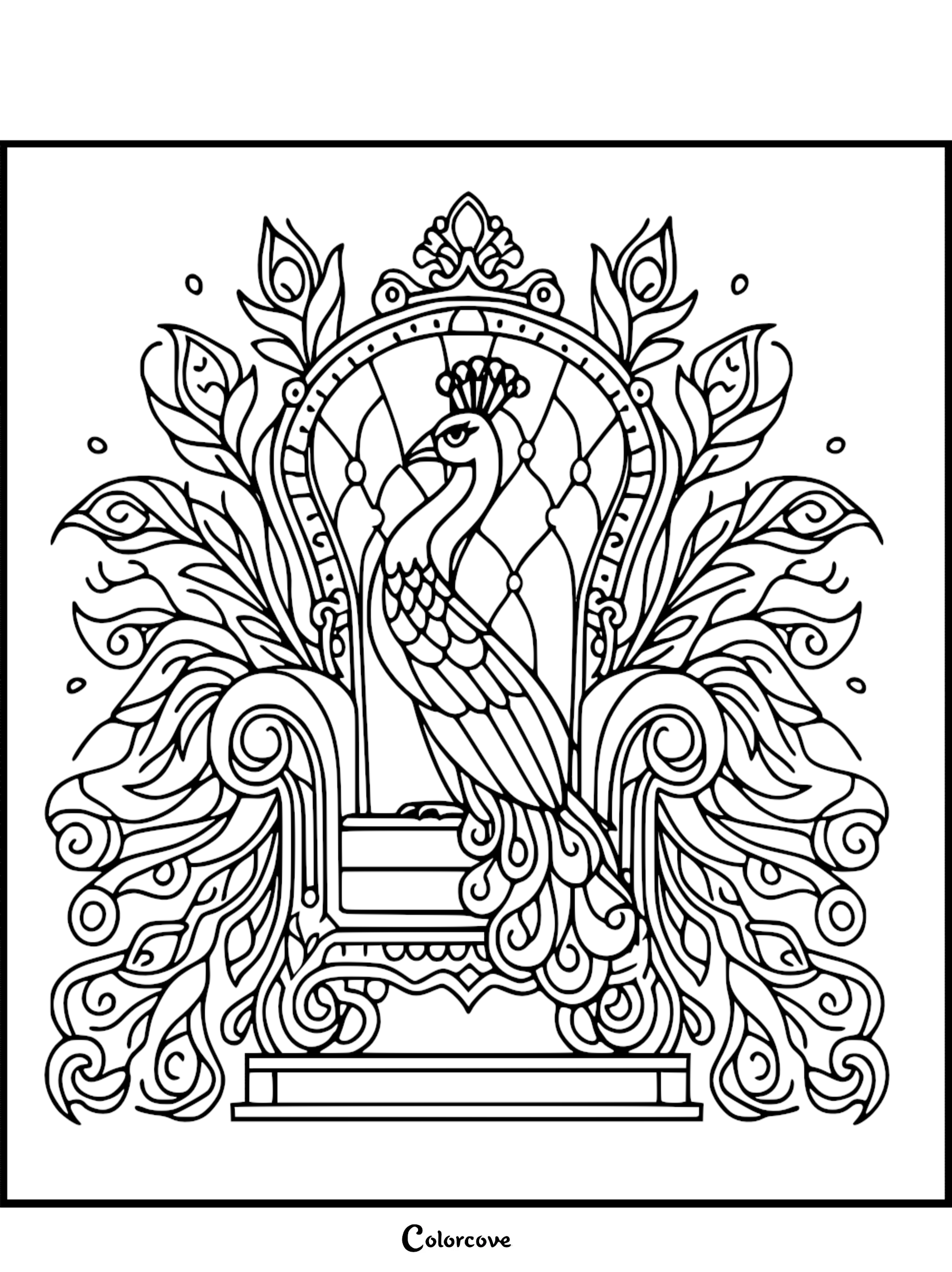 A regal peacock standing on an ornate, quilted-back royal throne surrounded by elaborate feather motifs in this intricate printable coloring page.