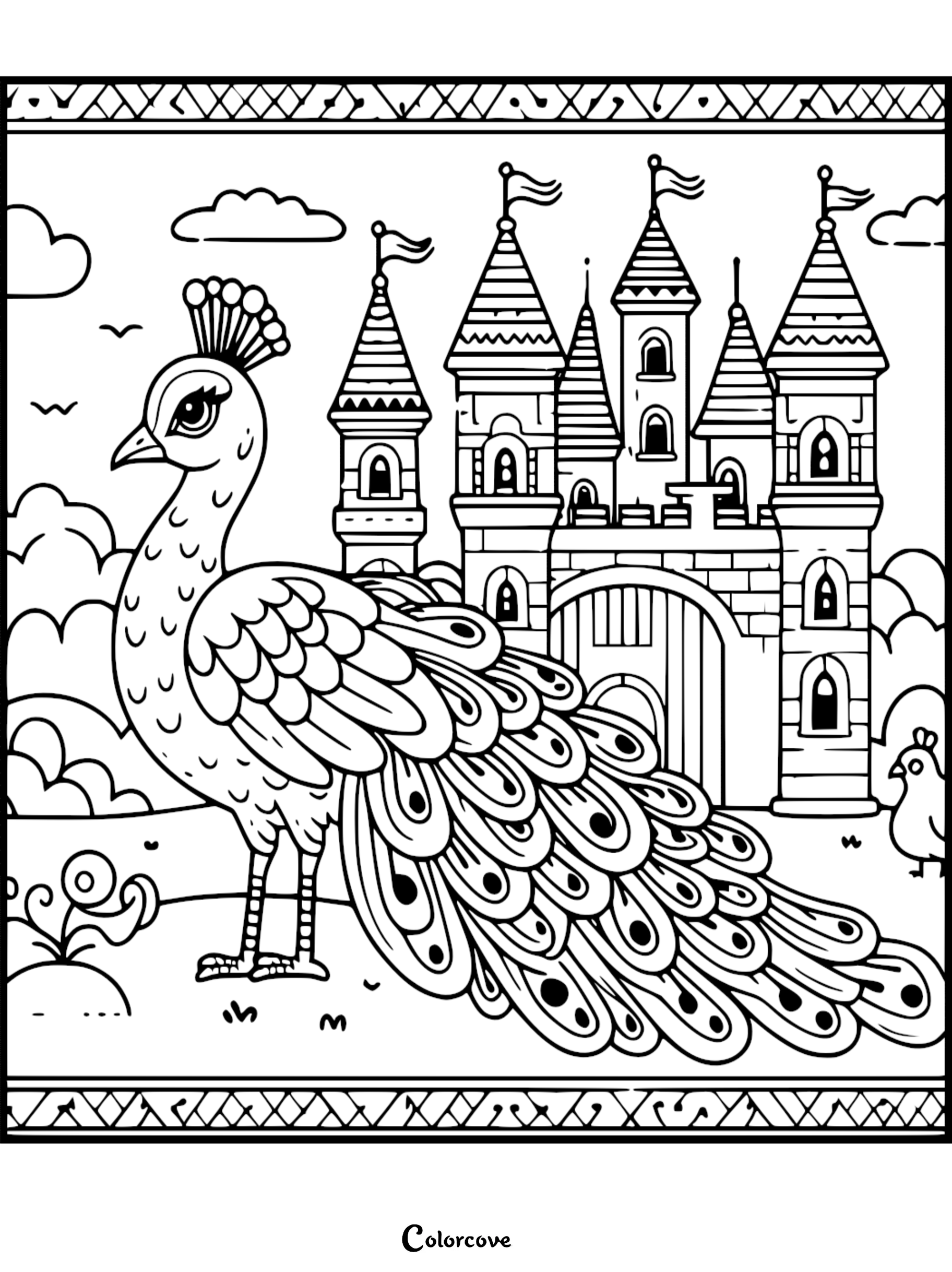 A decorative peacock standing in front of a majestic fairytale castle, outlined as a printable coloring page with cloud and grass details.