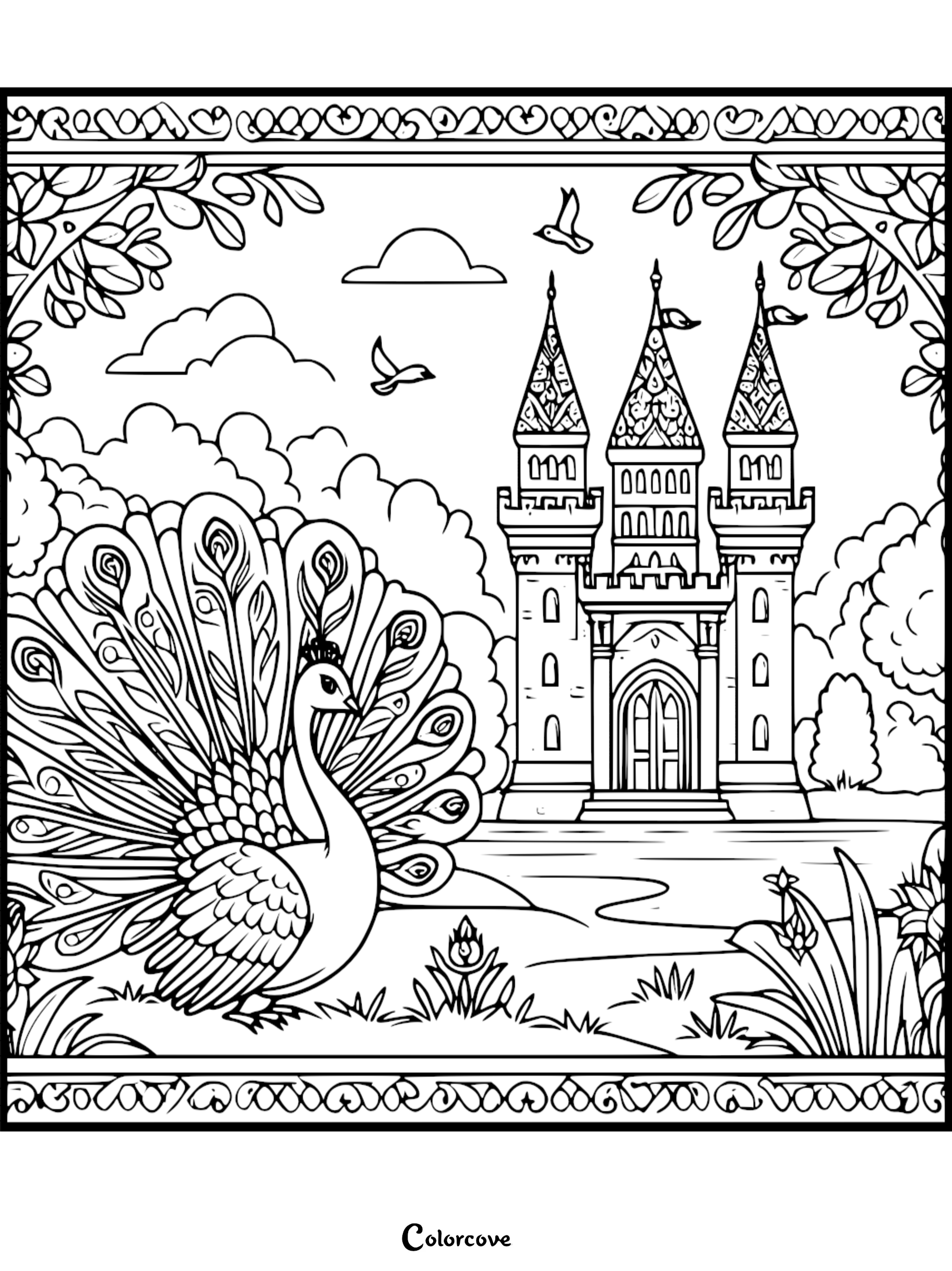 A decorative coloring page featuring a majestic peacock with a spread tail standing before a three-towered castle with surrounding trees and birds.