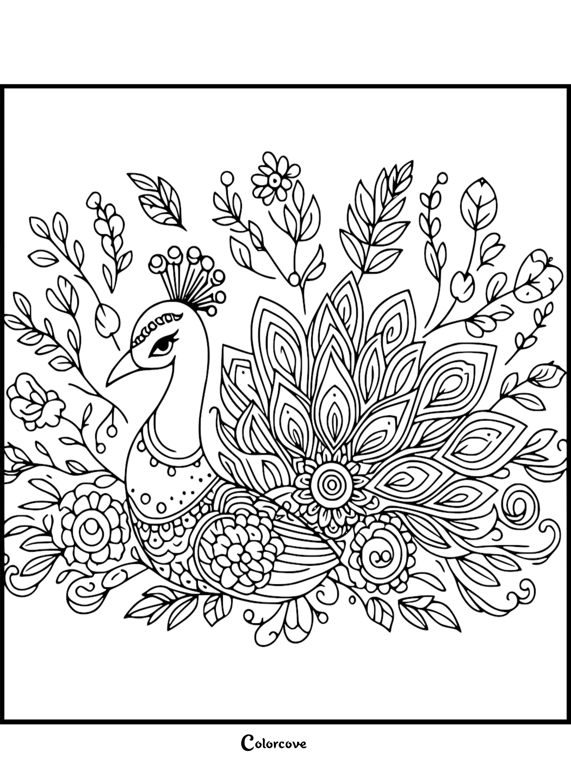 Intricate peacock coloring page featuring detailed feather patterns, a floral background, and delicate linework.