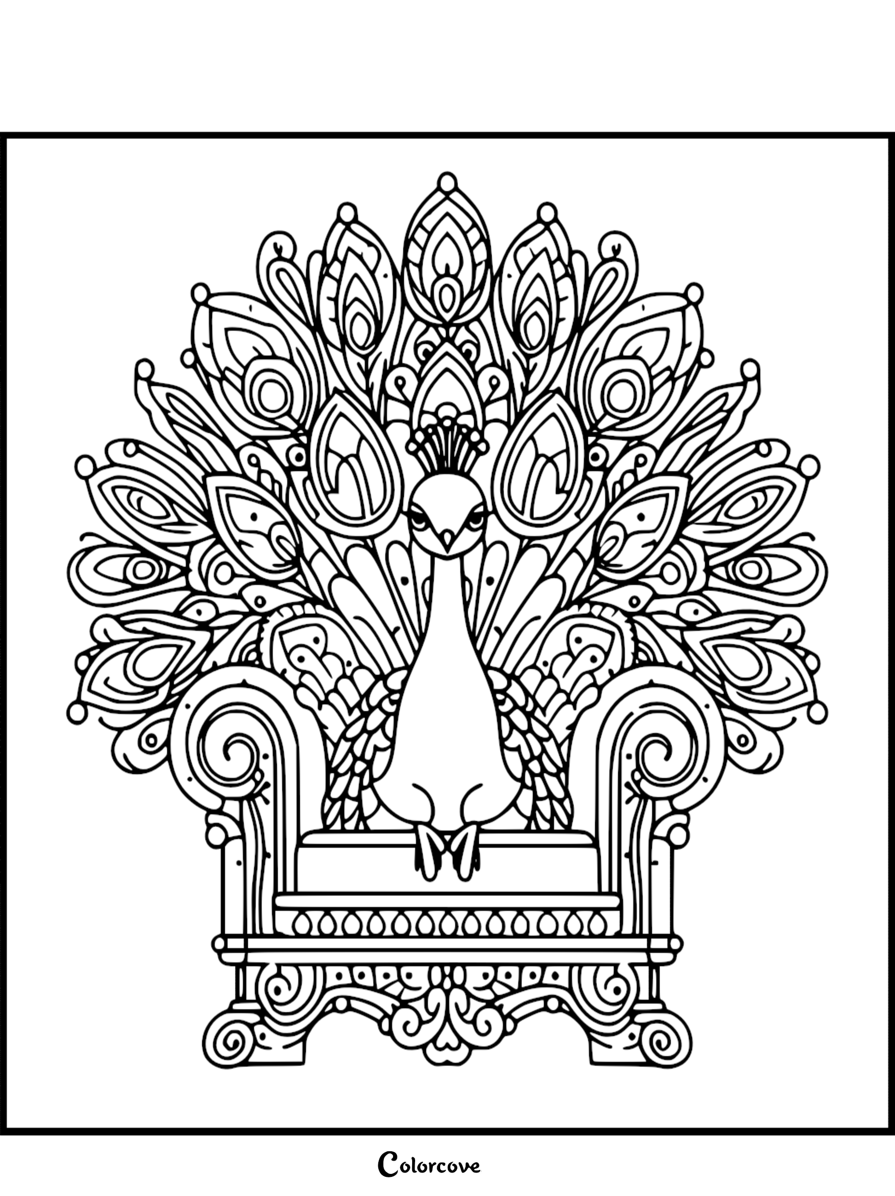 A decorative coloring page featuring a majestic peacock with a fanned-out tail sitting on an ornate, scrolling armchair.