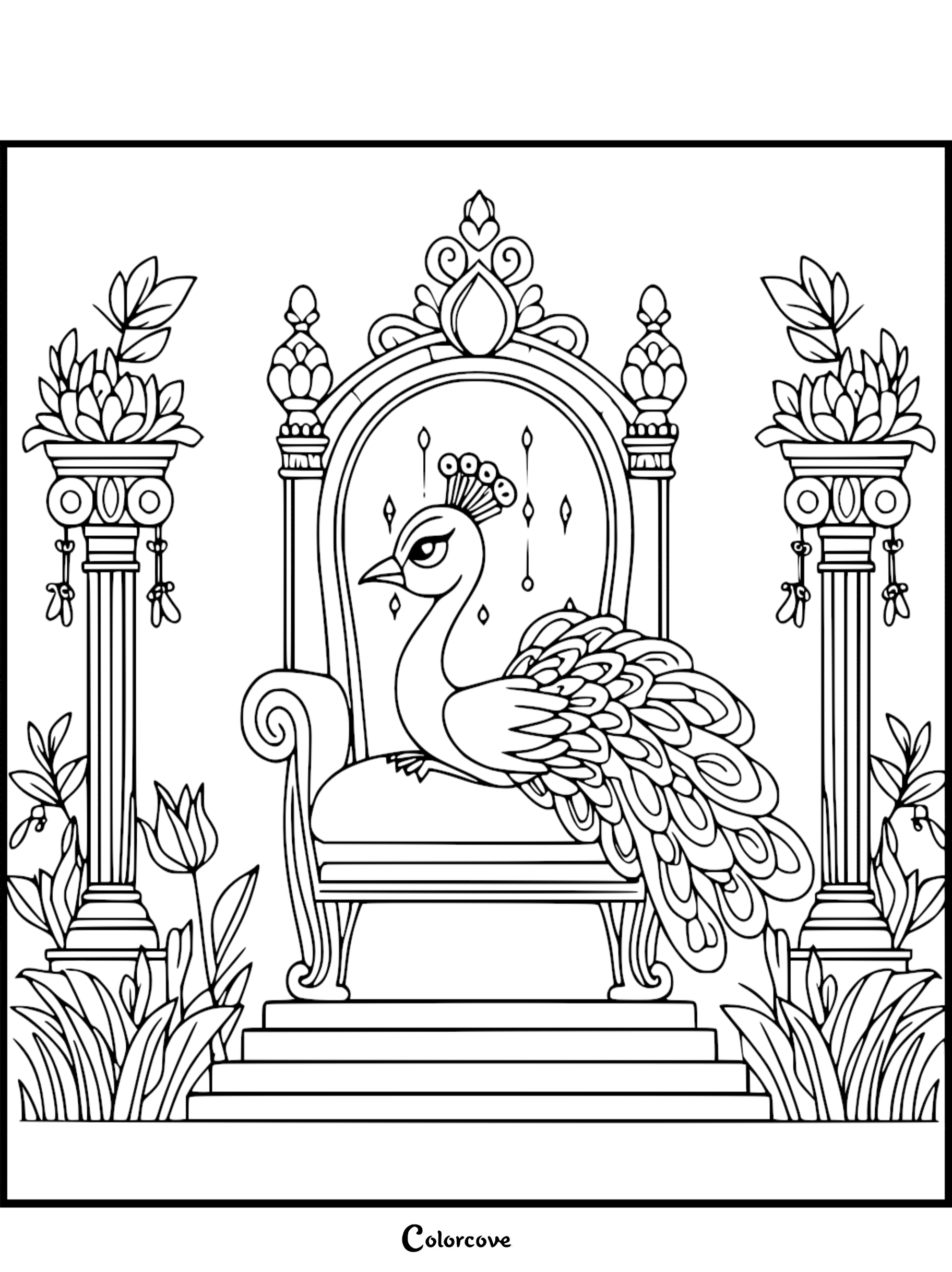 A regal peacock with a crested head sitting on an ornate Victorian-style throne between two decorative floral pillars, printable line art coloring page.
