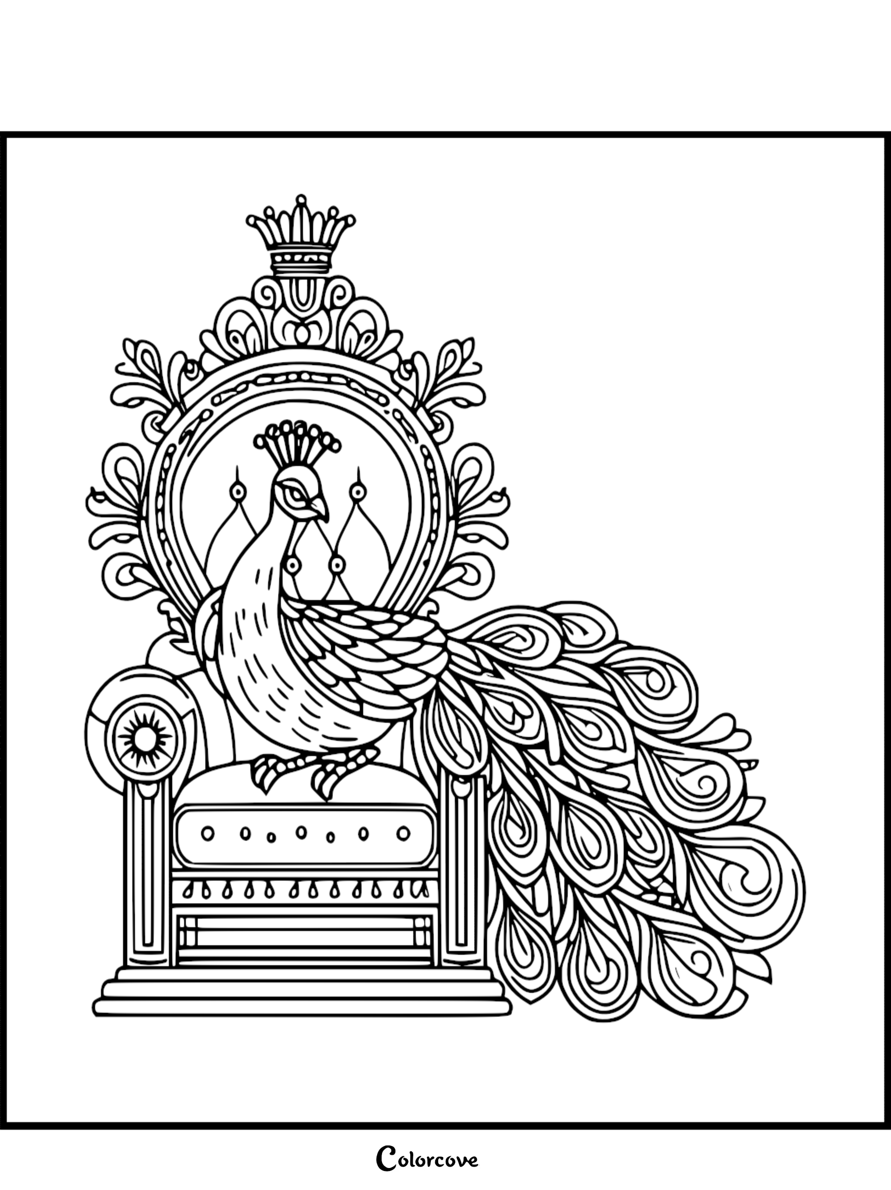 A majestic peacock with a detailed fanned tail sitting on an ornate, crown-topped throne in this black and white coloring page.
