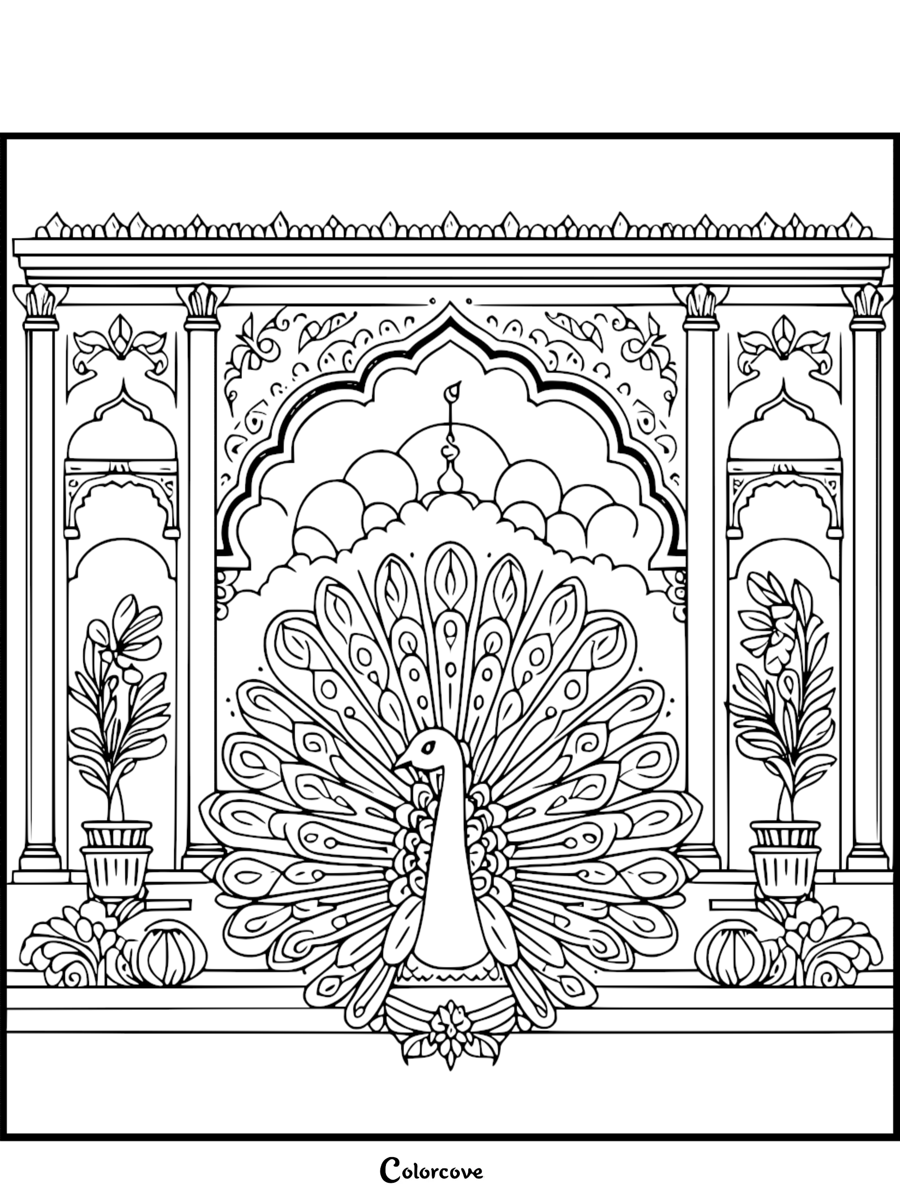 A peacock with a fanned tail centered in an ornate palace archway, surrounded by potted plants in a detailed line art coloring page.