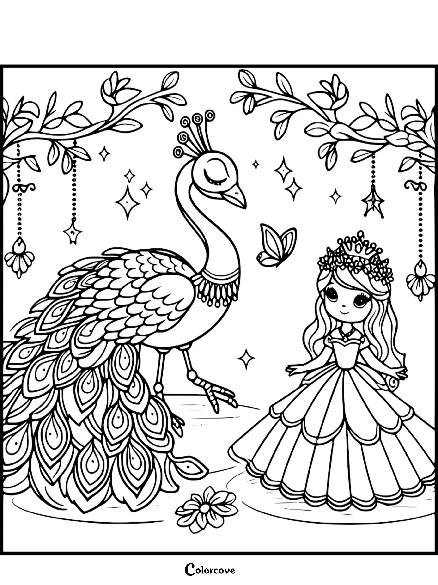 A cute chibi princess wearing a crown stands near a majestic peacock with detailed feathers in this magical fairy tale coloring page.