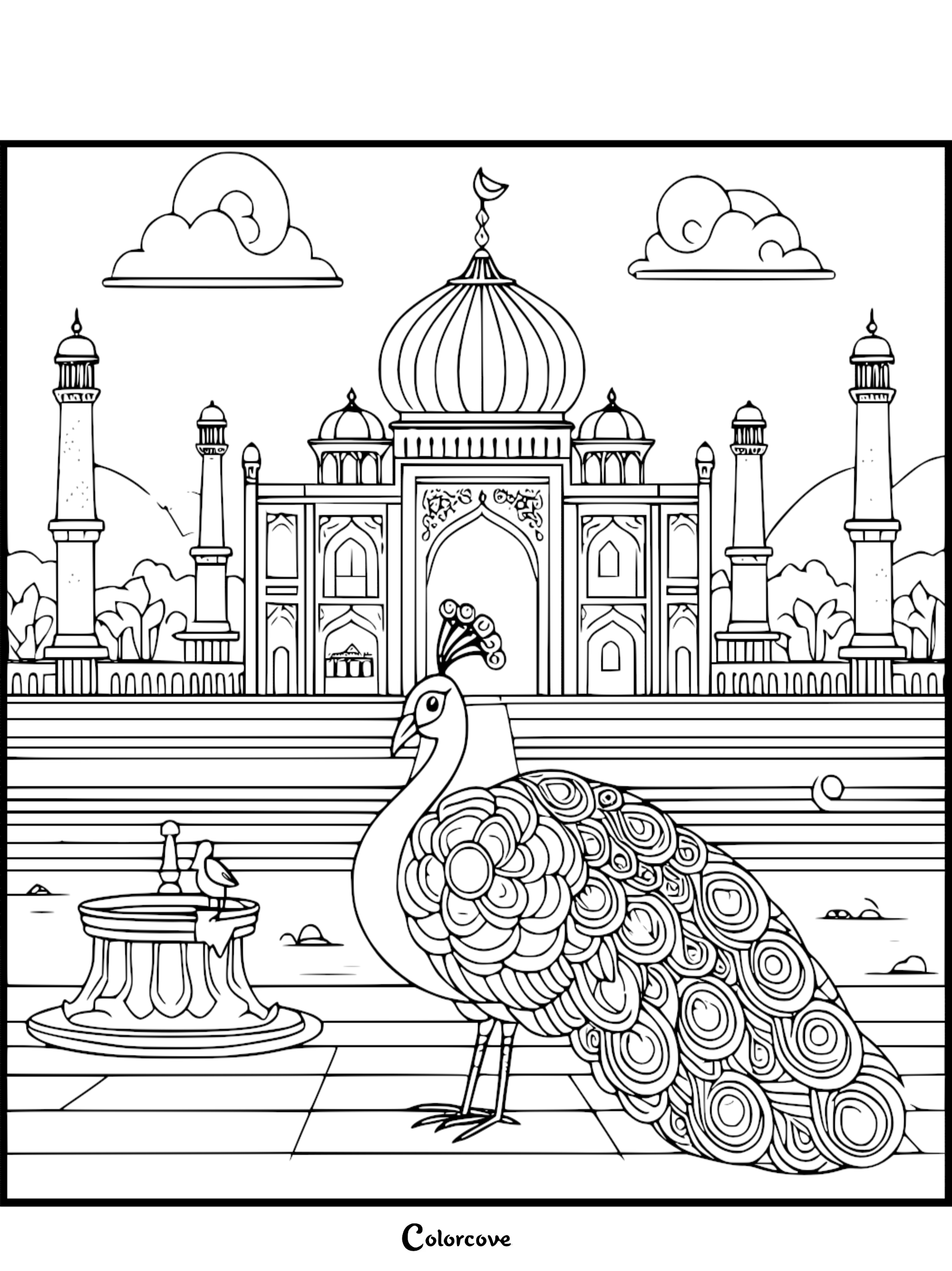A detailed coloring page of a regal peacock with elaborate mandala-style plumage standing in front of a symmetrical palace reminiscent of the Taj Mahal with towers and a central dome.