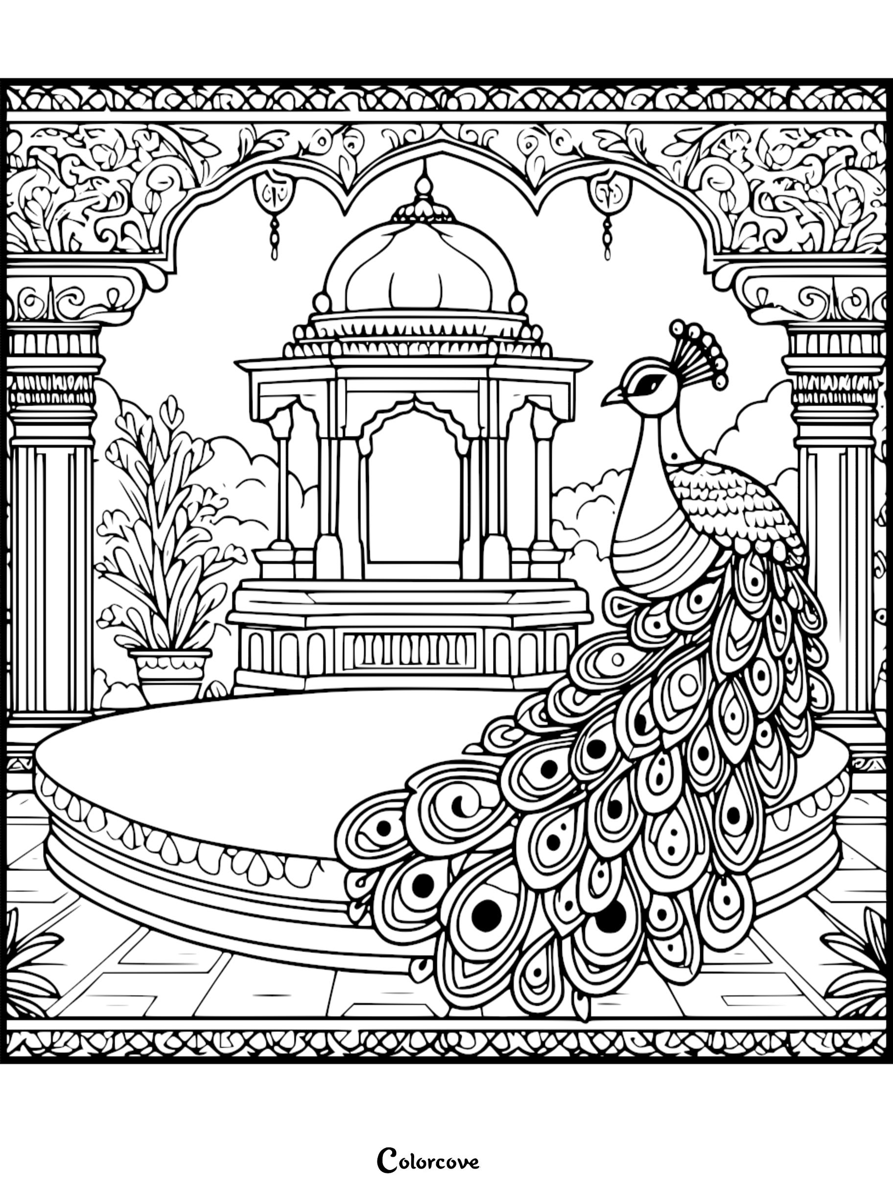 A printable peacock coloring page featuring an ornate bird standing on a circular platform in front of a grand Indian-style pavilion with pillars and garden foliage.