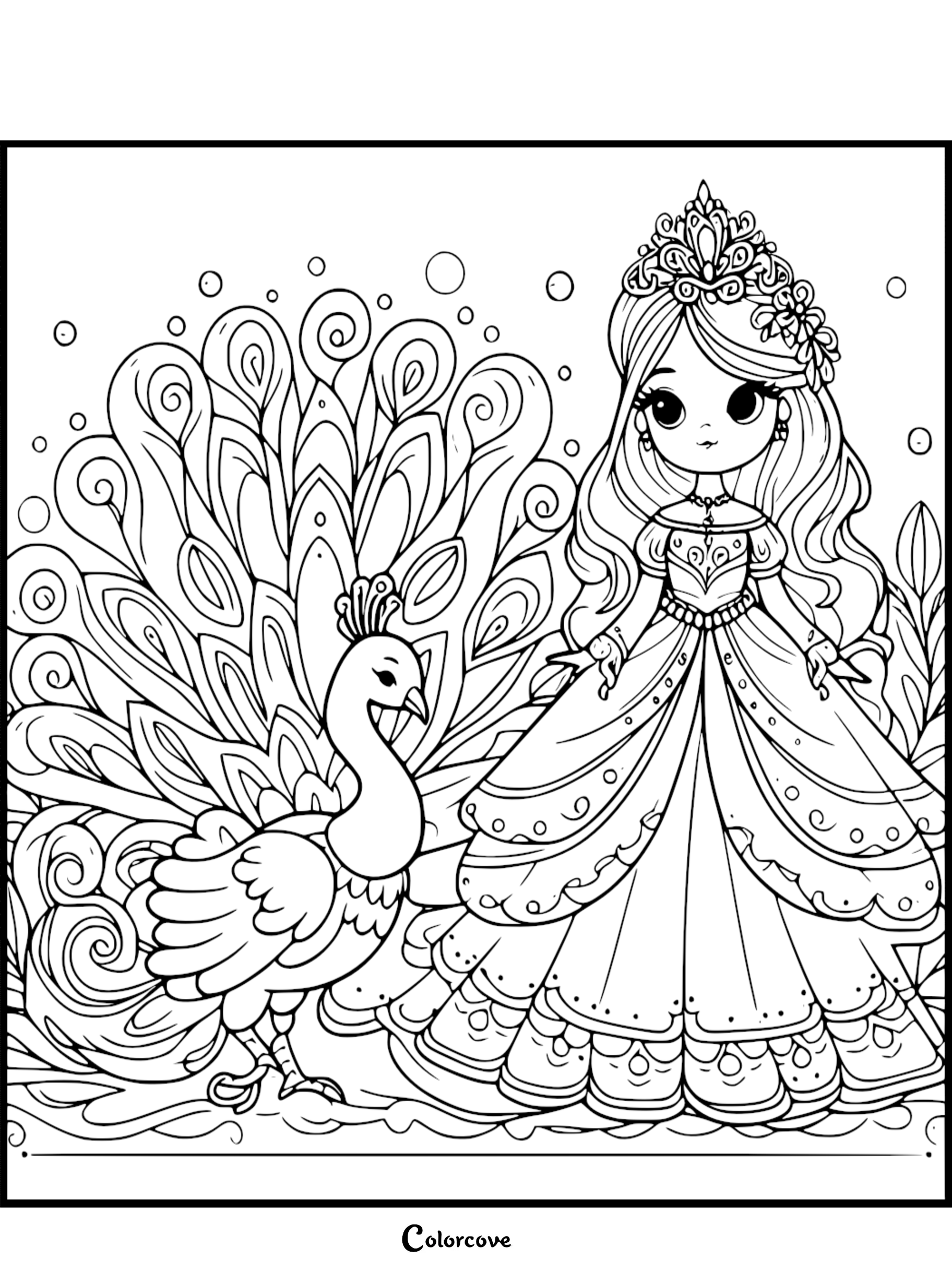 A cute chibi princess wearing a crown and elaborate gown standing next to a majestic peacock with a large, patterned fan-shaped tail on a coloring page.