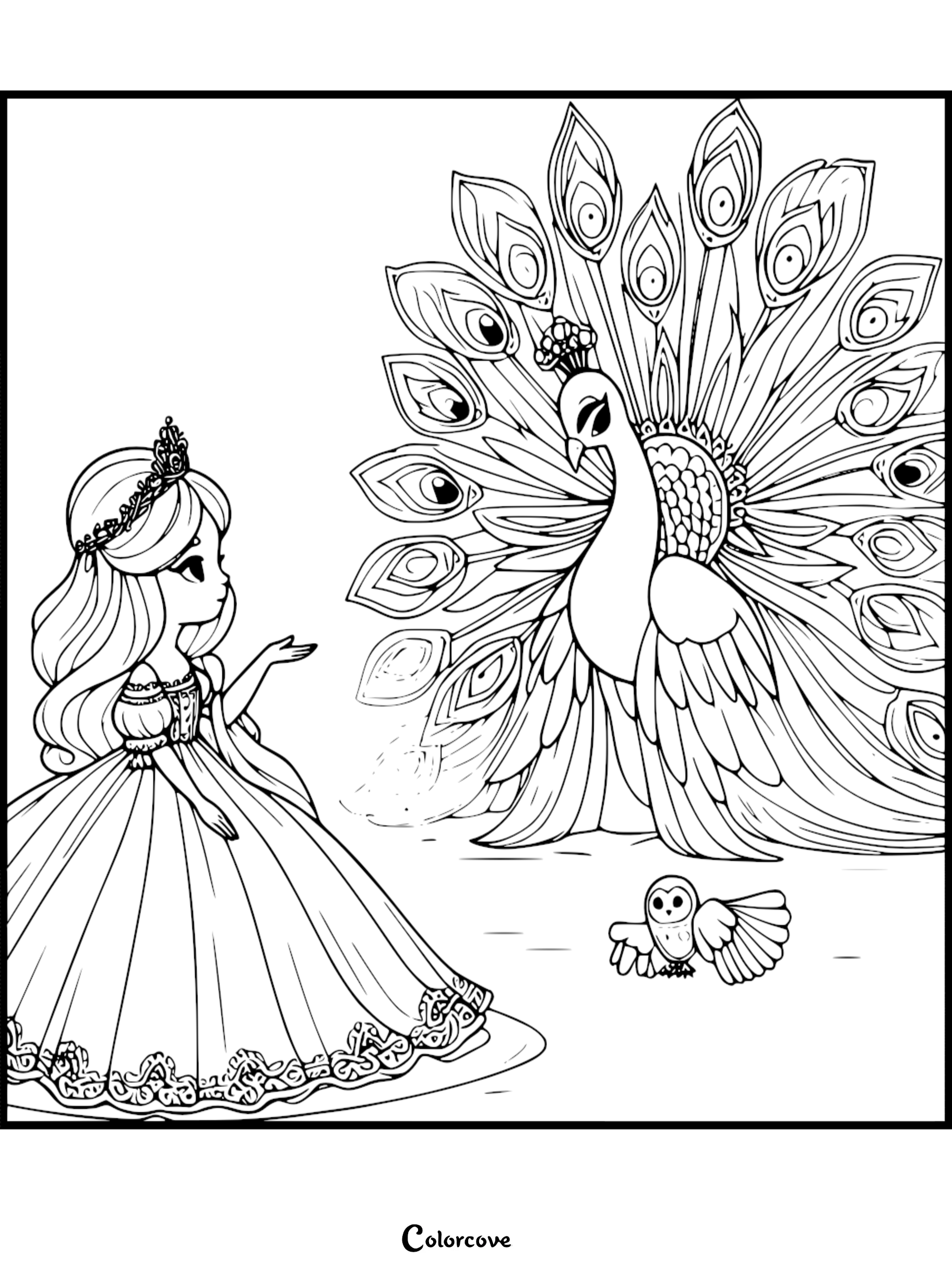 A princess in a regal gown and crown gesturing toward a majestic peacock with a fanned tail, accompanied by a small owl, in this printable coloring page.