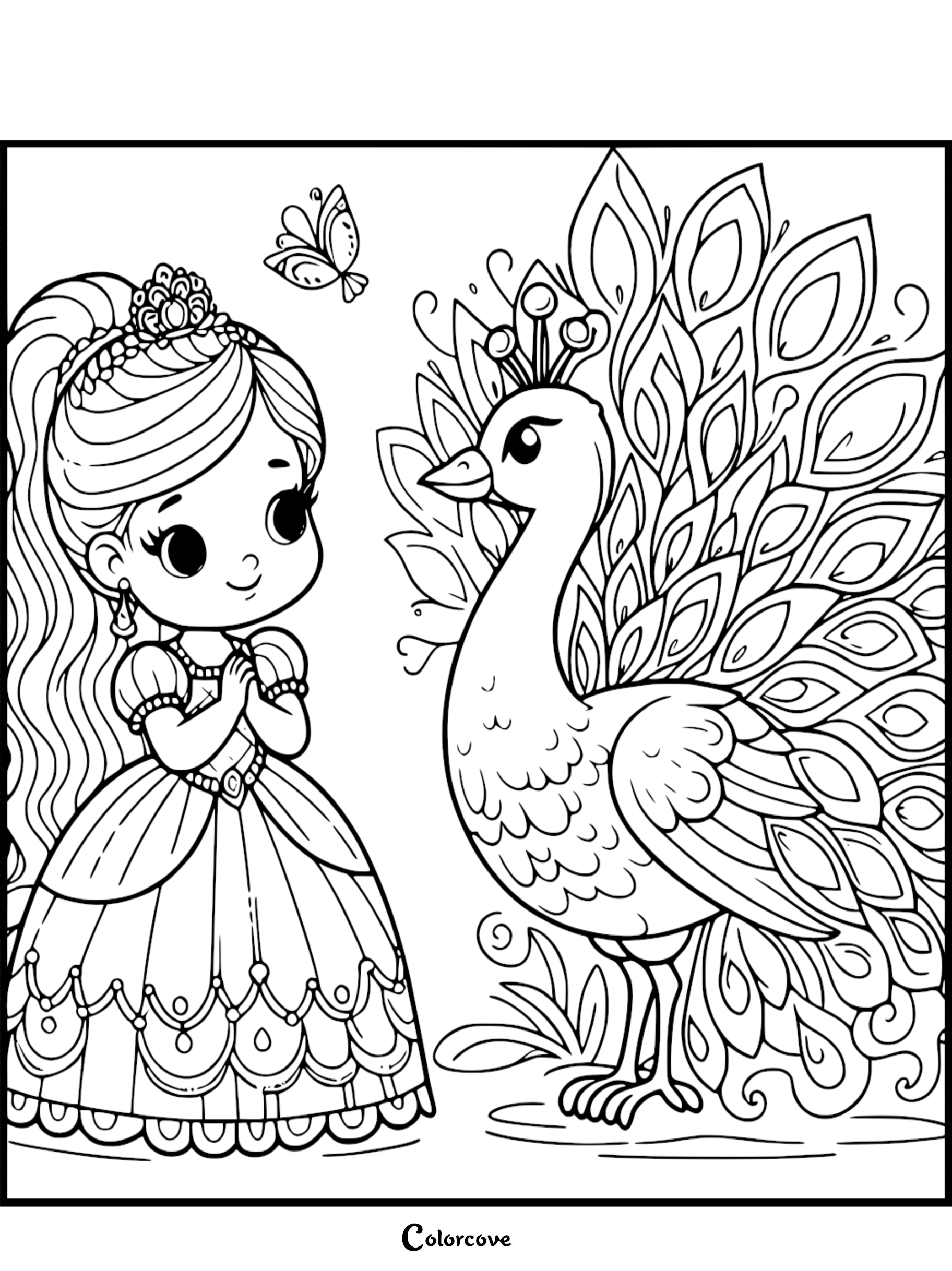 Chibi princess in a crown and elegant gown standing beside a majestic peacock with fanned feathers, coloring page with a butterfly.