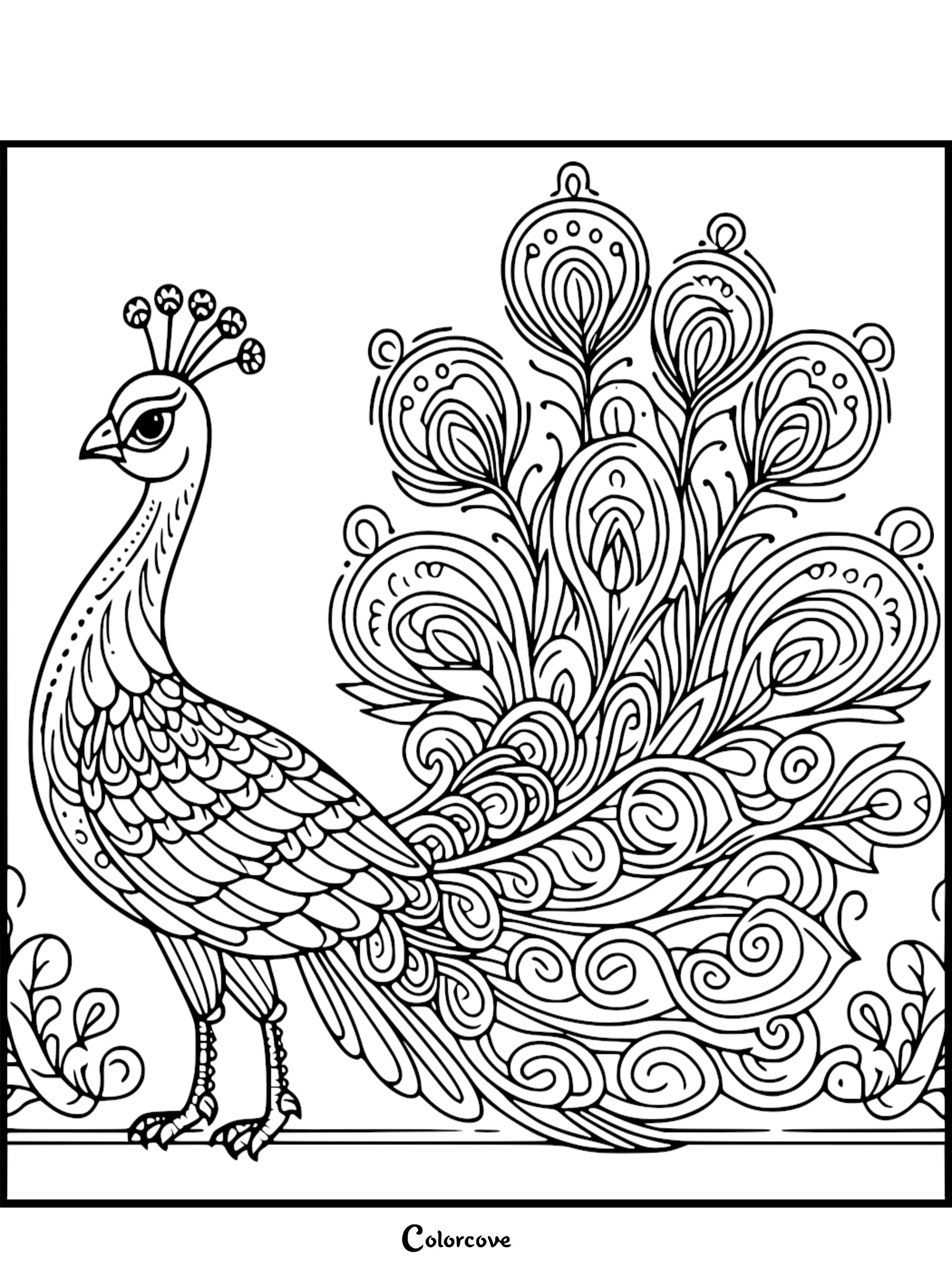 Intricate peacock coloring page featuring a regal bird with detailed feather patterns, crest, and swirling tail plumes.