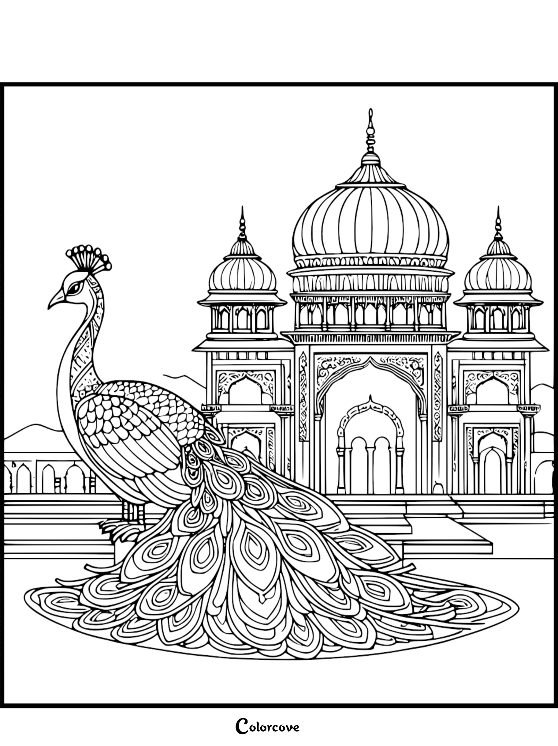 Intricate peacock coloring page featuring a regal bird with a sprawling patterned tail standing before an ornate Indian-style palace with large domes and archways.