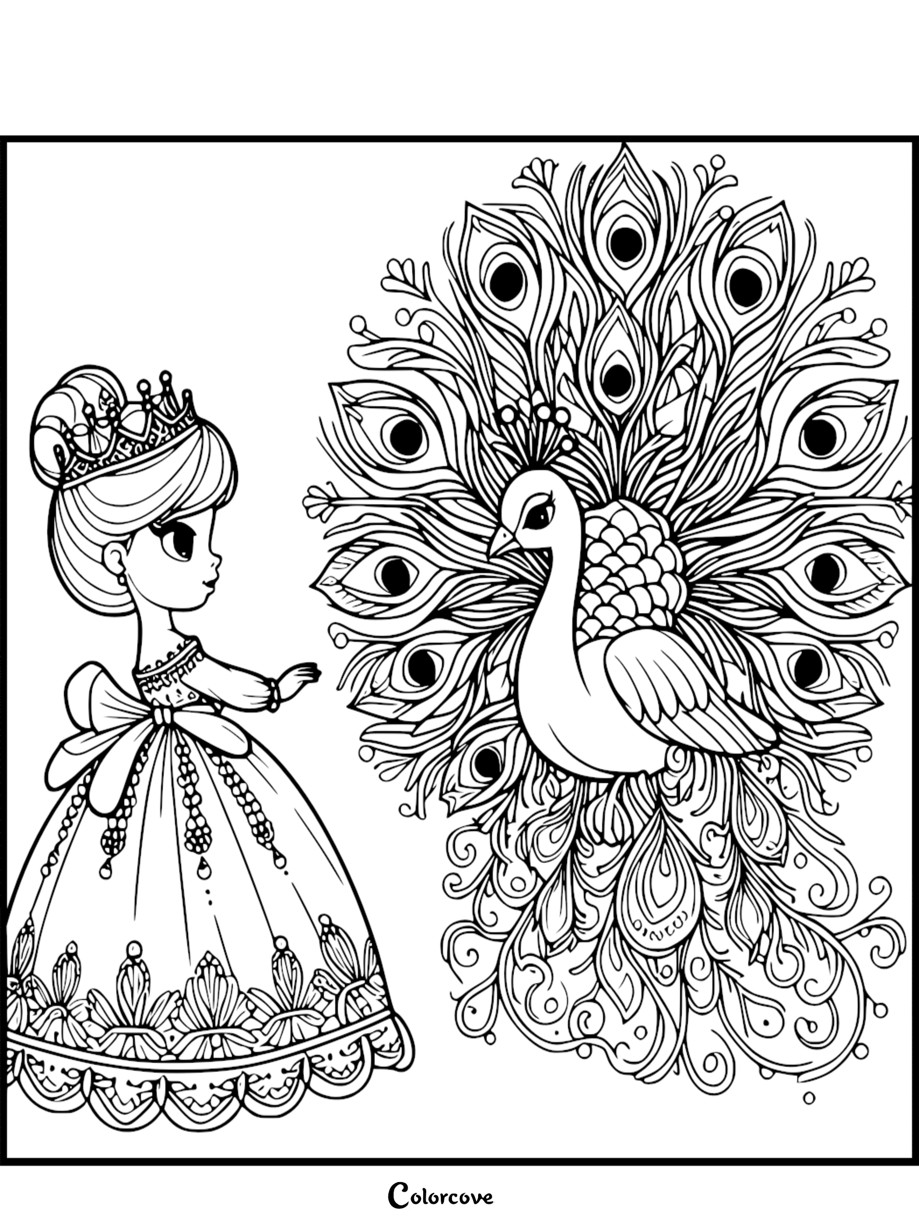 A whimsical coloring page featuring a young princess in a crown and gown standing next to a proud peacock displaying its large, elaborate feathered tail.