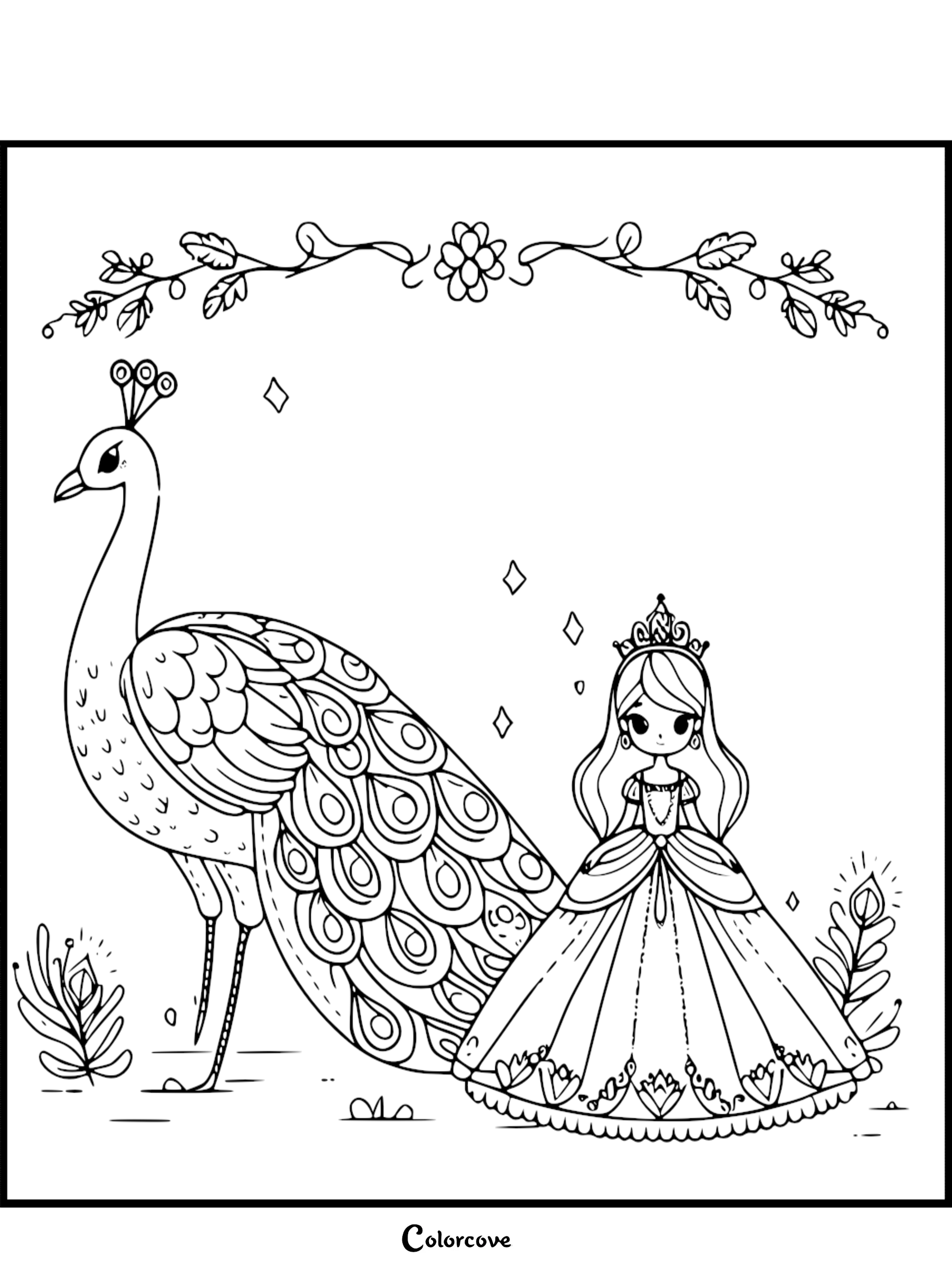 A cute chibi princess in a crown standing next to a majestic peacock with intricate feather details in this printable coloring page.