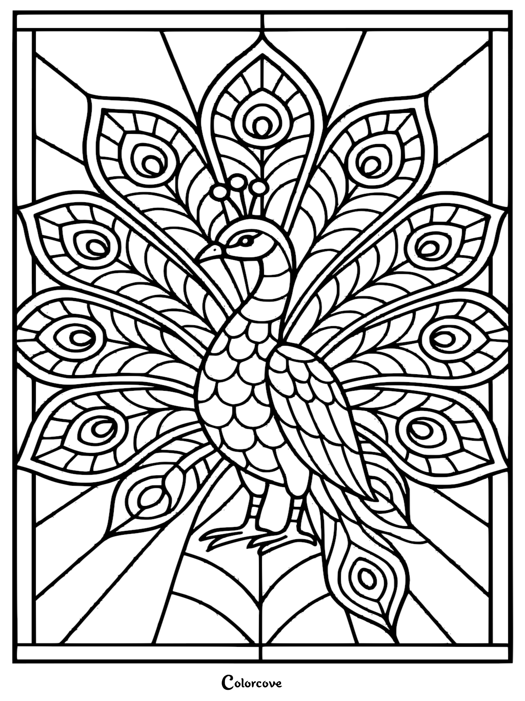 Intricate peacock with fanned tail feathers featuring eye-like patterns in a geometric stained glass window frame coloring page.