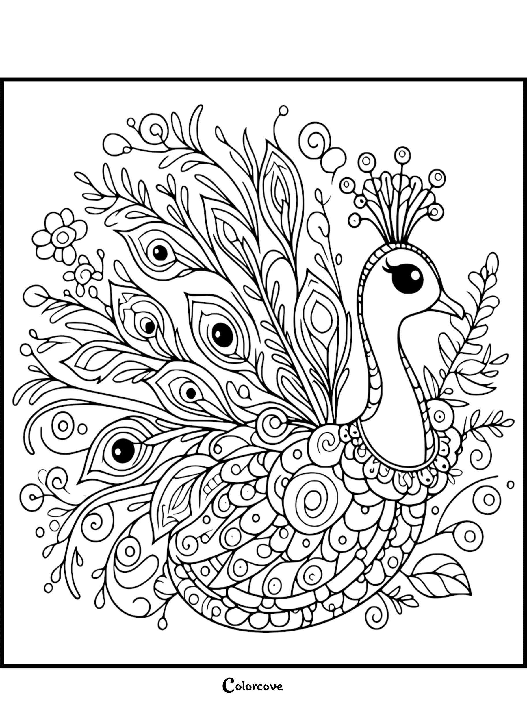 Intricate peacock coloring page featuring a regal bird with ornate fan feathers, paisley patterns, floral swirls, and a decorative crest.
