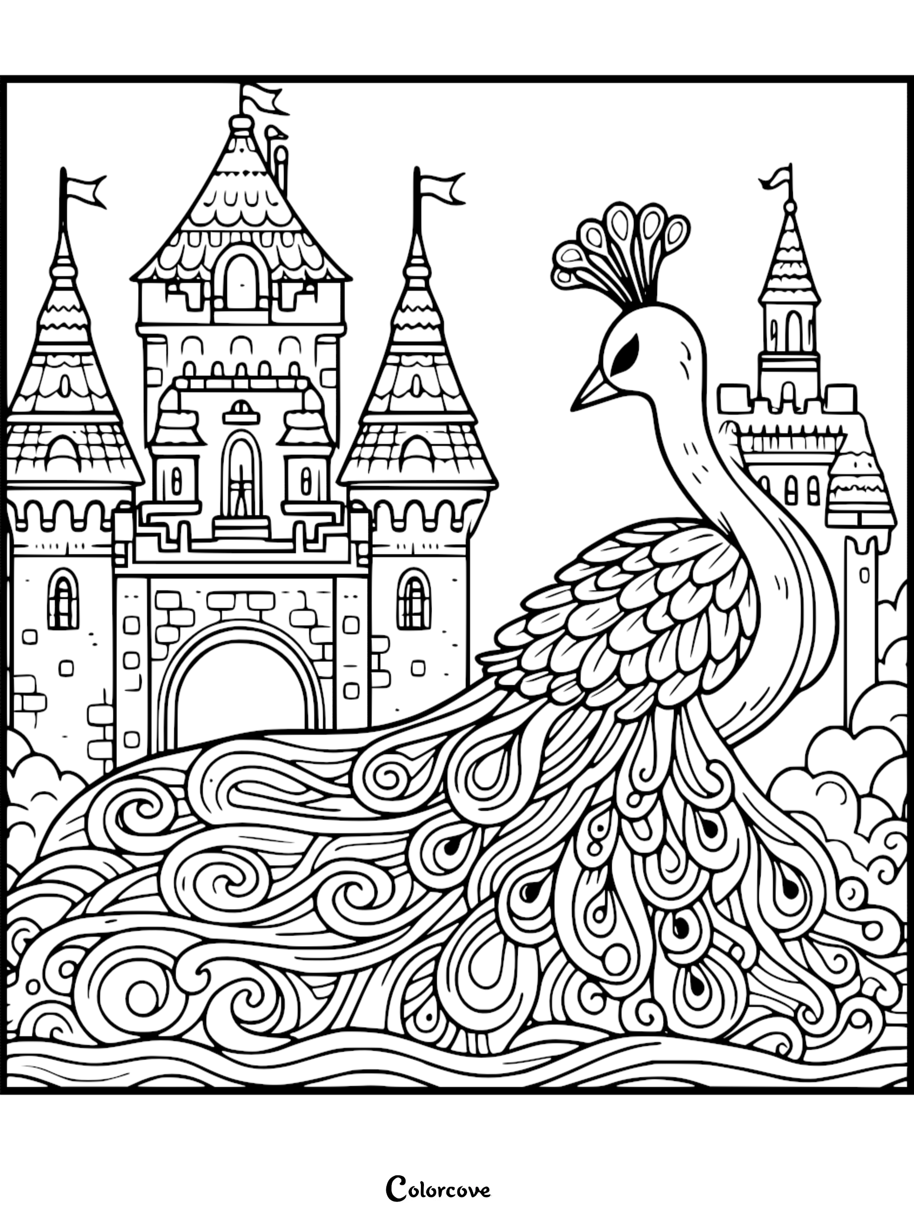 A majestic peacock with elaborate swirled feathers standing in front of a medieval stone castle with tall turrets coloring page.