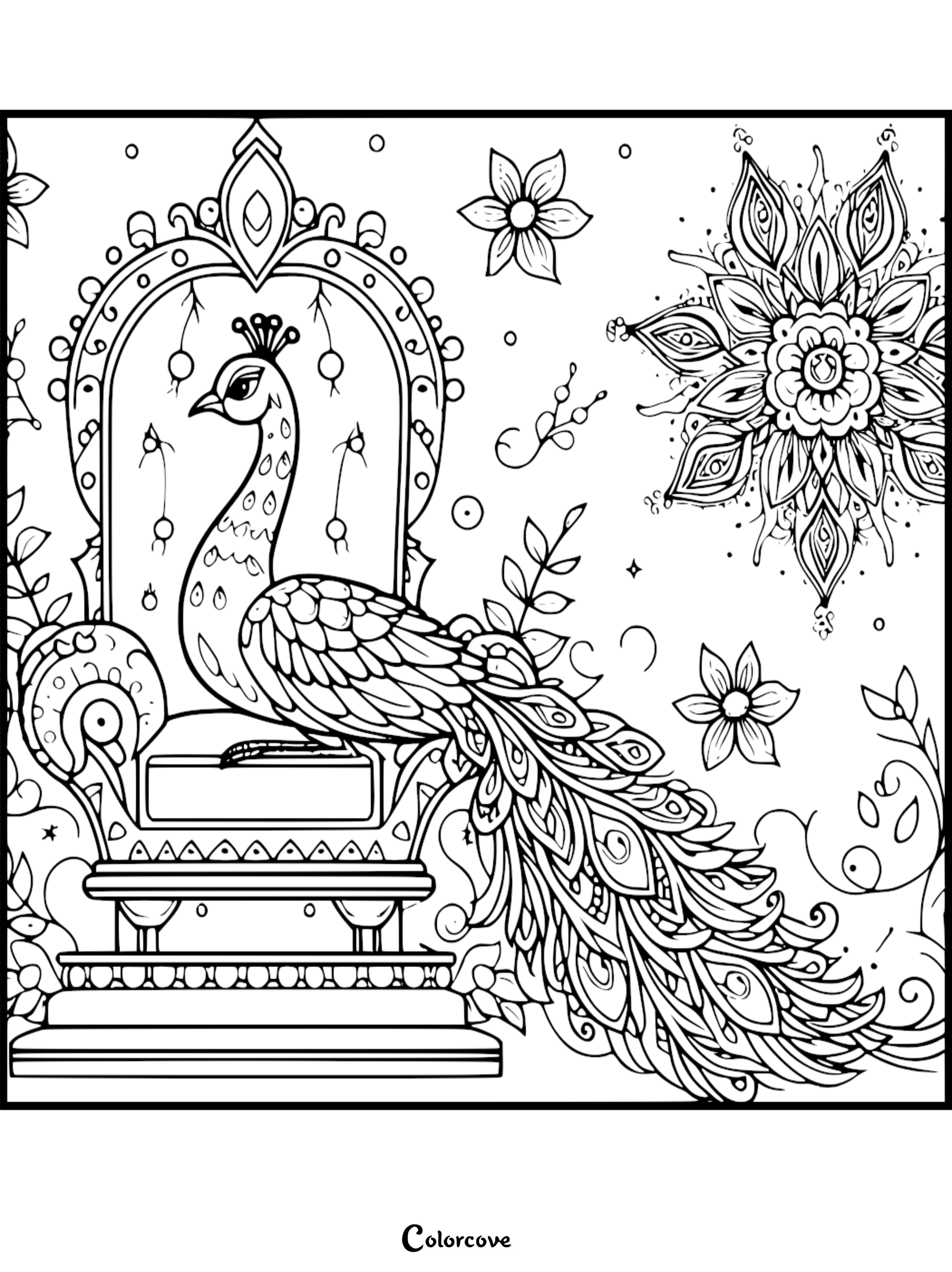 Intricate peacock sitting on an ornate royal throne surrounded by floral mandalas and decorative botanical line art in a printable coloring page.