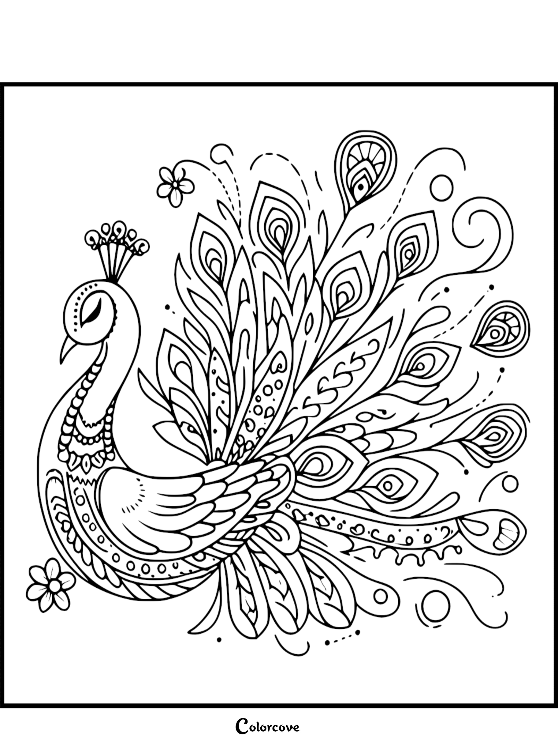 Intricate zentangle peacock coloring page featuring a bird with ornate, decorative tail feathers, floral accents, and swirling patterns.