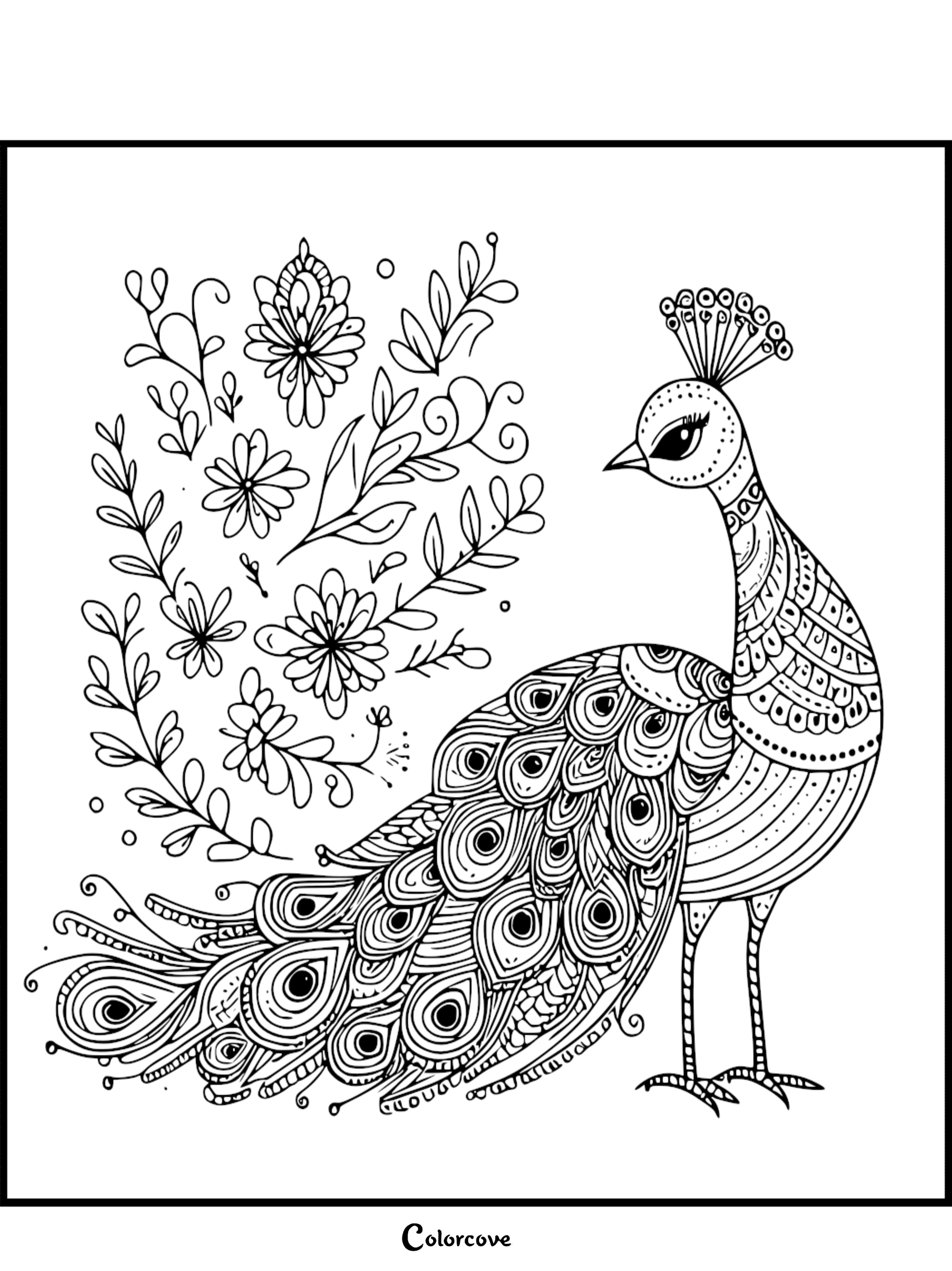 Intricate zentangle peacock coloring page featuring detailed feather patterns, a crested head, and surrounding floral line art doodles.