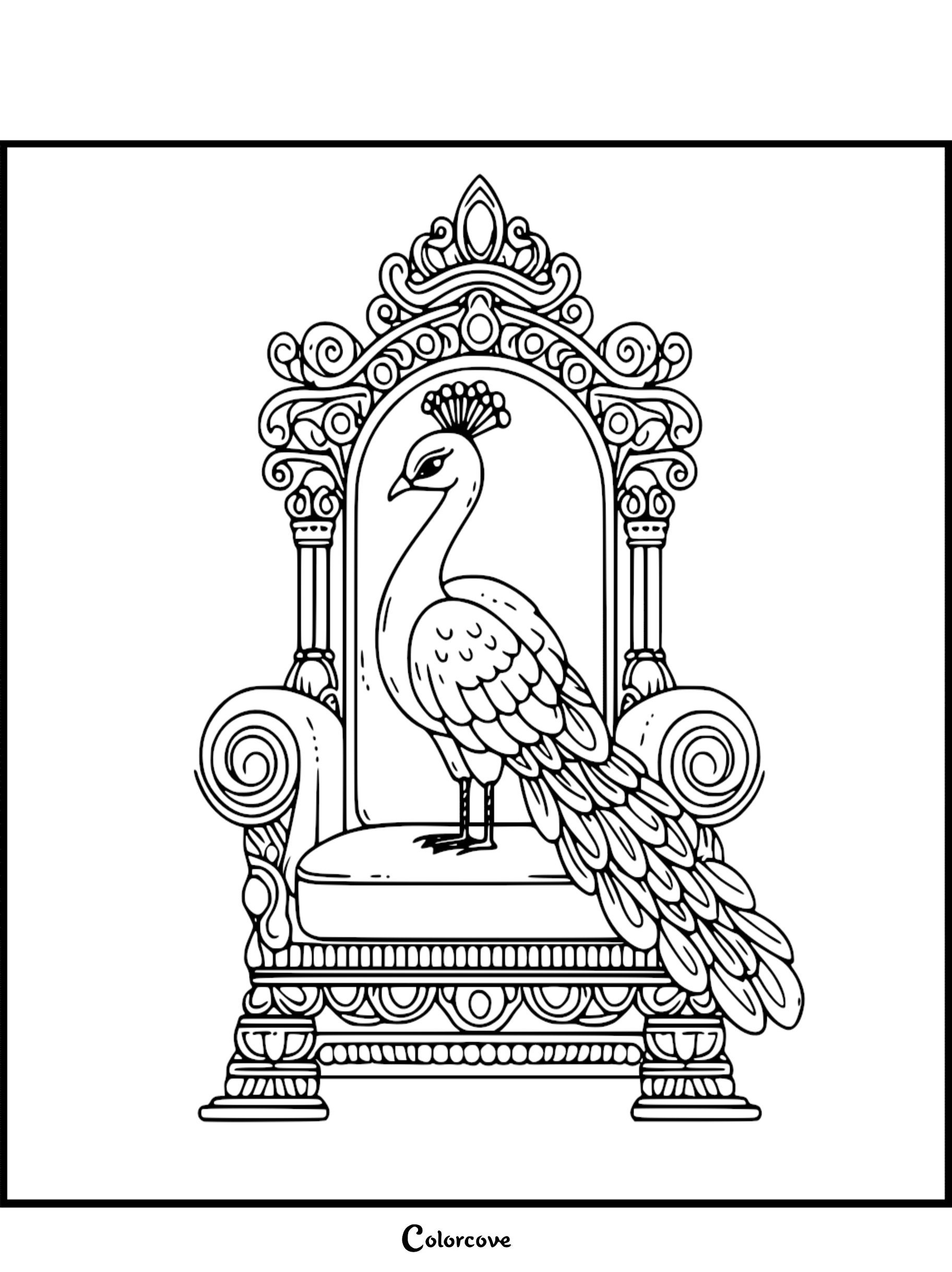 A majestic peacock with an elaborate crest standing proudly on a detailed, victorian-style throne in this printable coloring page.