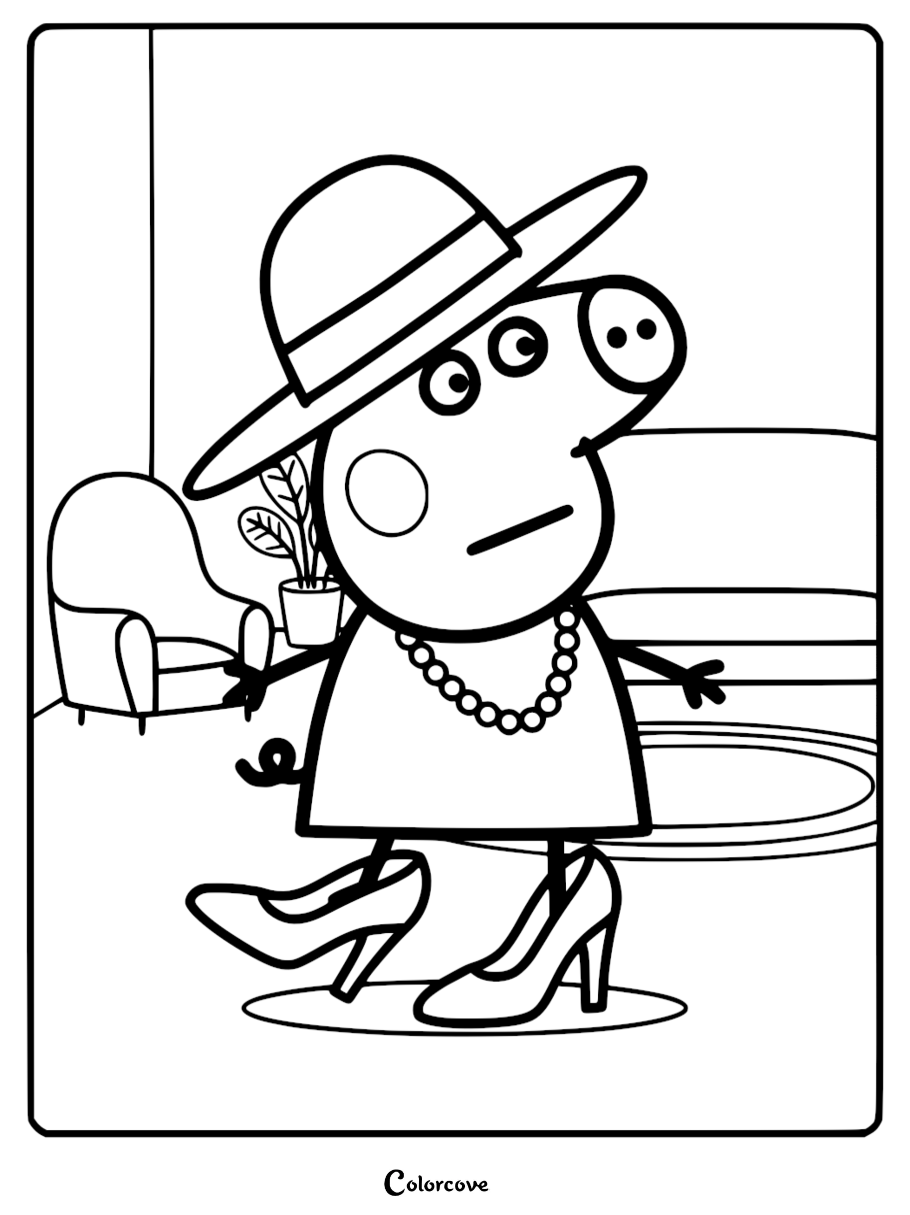 A detailed coloring page of Peppa Pig wearing a wide-brimmed hat, a pearl necklace, and oversized high heels in a living room.