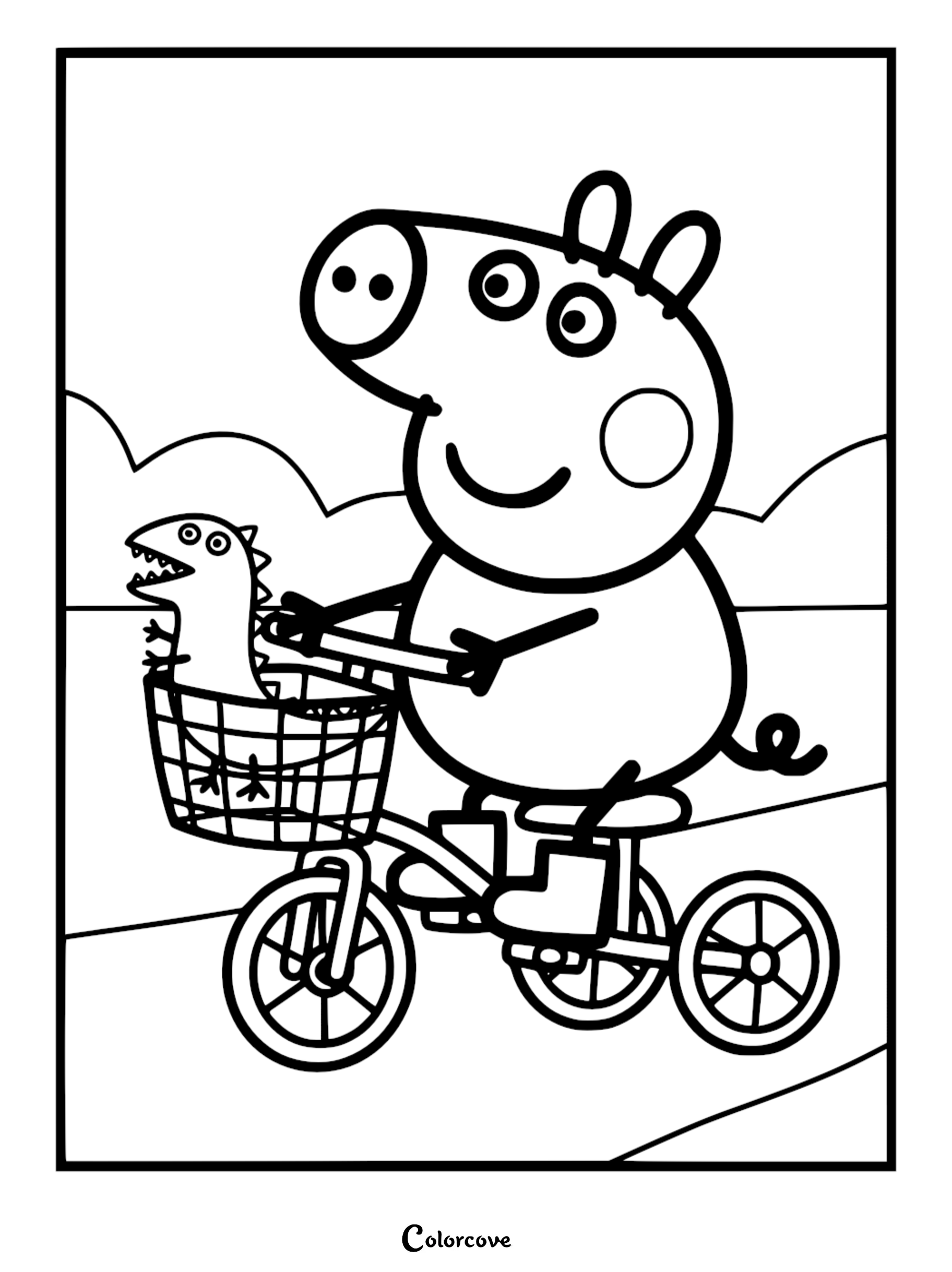 Line art coloring page of George Pig pedaling a tricycle with Mr. Dinosaur tucked inside the front wire basket.